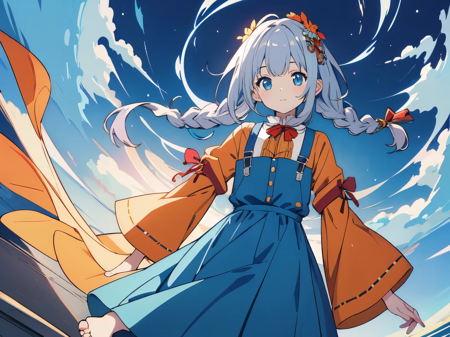 ((highest quality、High quality、masterpiece))、anime、1 girl, Shining eyes、orange sleeves, gray hair, white skin, light blue hair ornament, blue suspenders, blue clothes, light blue eyes, Barefoot, Double braid