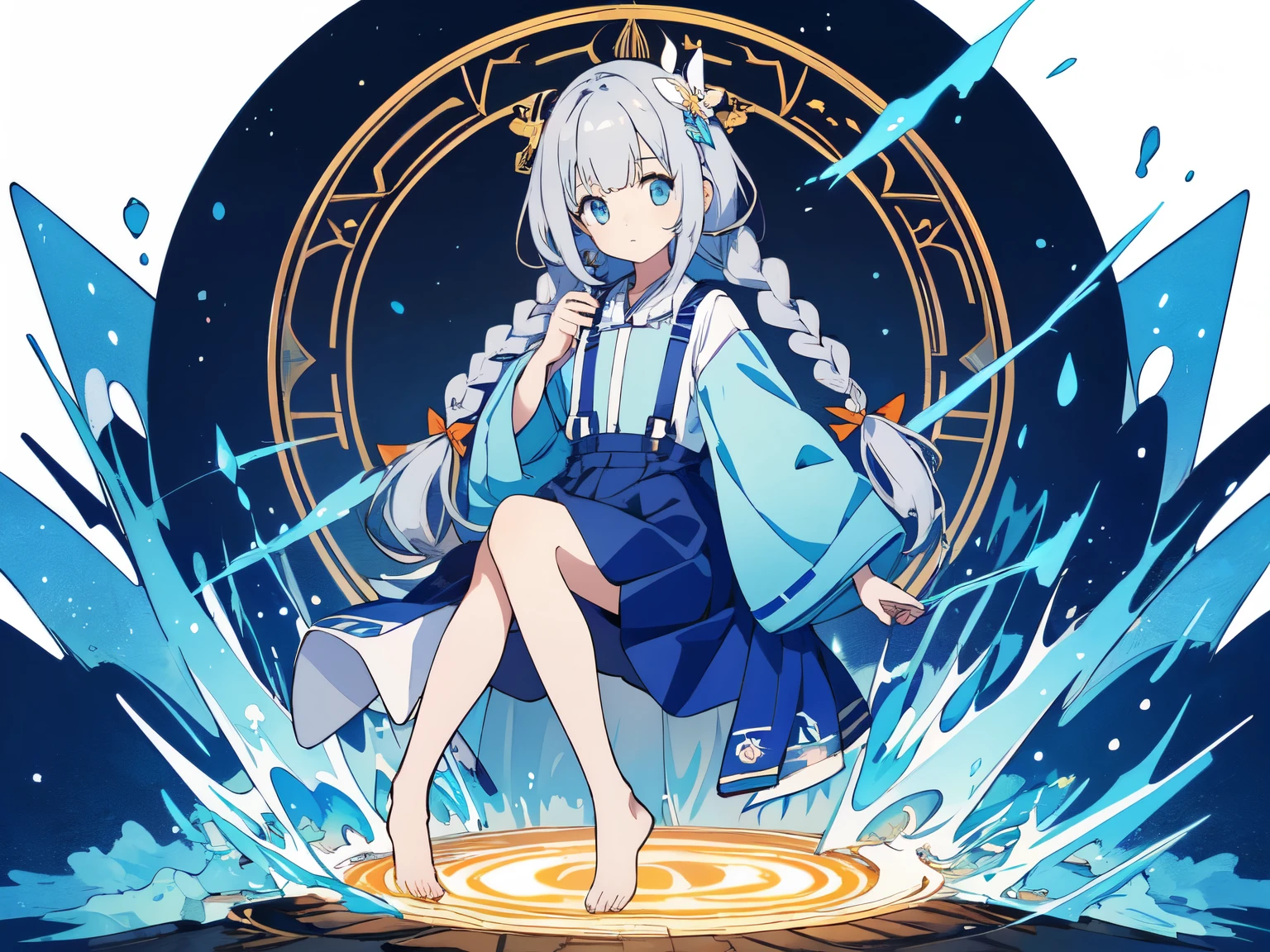 ((highest quality、High quality、masterpiece))、anime、1 girl, Shining eyes、orange sleeves, gray hair, white skin, light blue hair ornament, blue suspenders, blue clothes, light blue eyes, Barefoot, Double braid