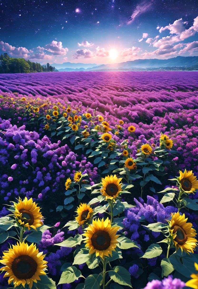 sea of flowers/Sea of flowers/sea of flowers sunflowers.Lavender.Cherry blossoms.Various varieties of roses.A sky full of stars.violet flower.(best quality,4k,8k,high resolution,masterpiece:1.2),Super detailed,(actual,photoactual,photo-actual:1.37),Sea of flowers景观