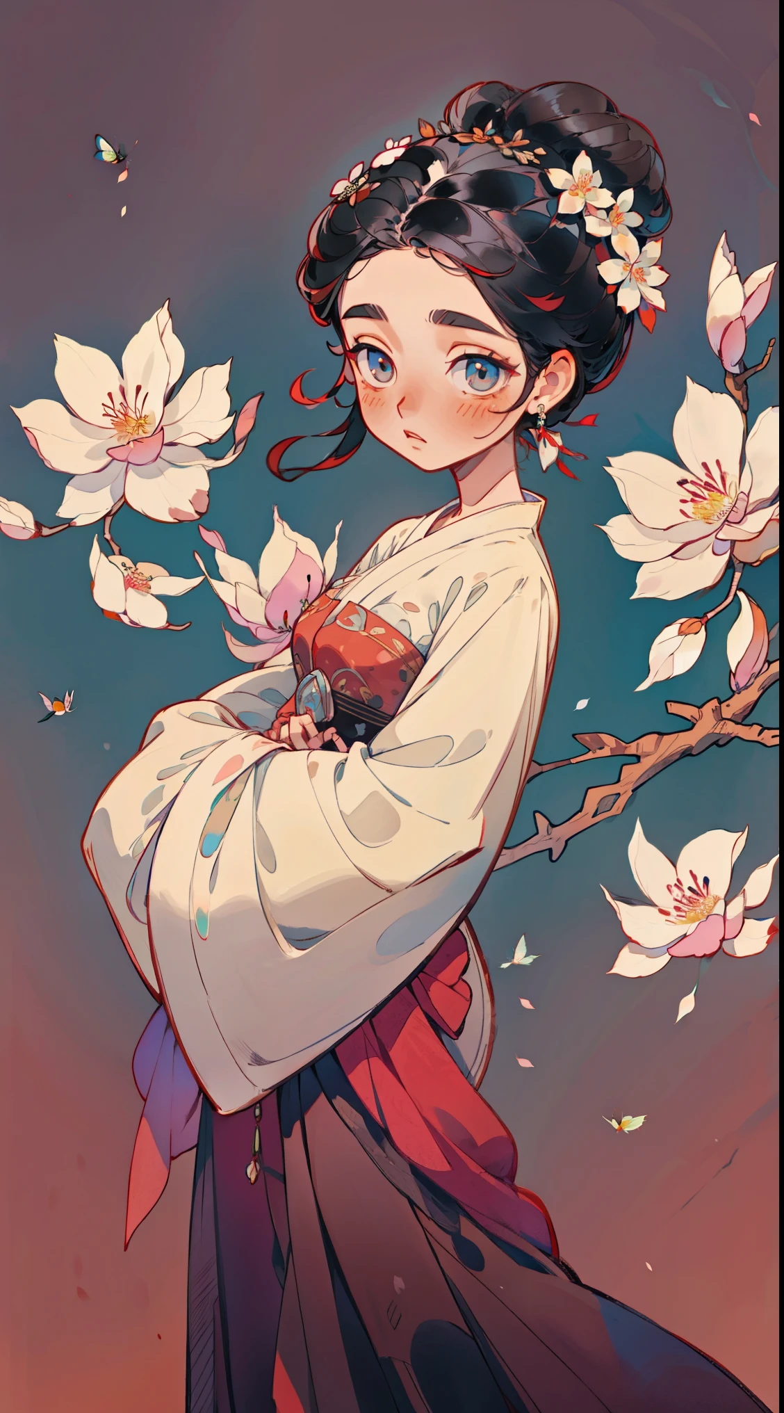 1个Giant Girl, Alone, looking at viewert, face flushed, Background with, black hair color hair, hair adornments, longer sleeves, white backgrounid, Eternal, Full body lesbiasom flower, hairflower, hair-bun, butterflys, terpiece, recent quality, The finest details, Clear facial features, beautidful eyes