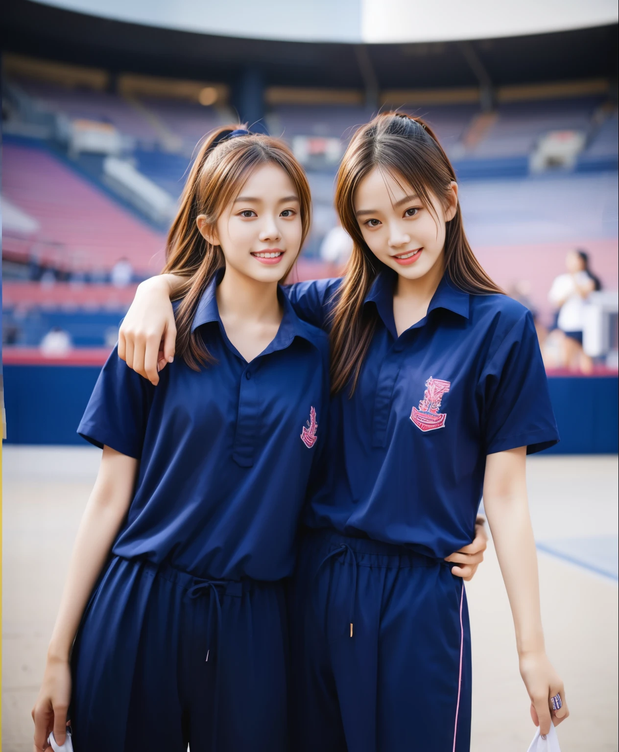 (best quality,10,10,height,Masterpiece:1.2),Special details,(realistic,ภาพrealistic,Realistic photos:1.37),1 cute girl on the football field,shiny, ผิวshiny,only,smile softly,BDclothelue shirt:1.3)),short sleeve,shirt, กางเกงขาlong.,(navy_long_track pants:1.1), ((stadium background:1.3)),Dynamic angle,excited,Face focus,dynamic poses,from behind,focus on ass,Masterpiece, best quality, ultra realistic, hyper-detail, 8K resolution, raw photos, Sharp focus, ((Navy blue shirt:1.1)), short sleeve, เส้นทางlong, perfect body, 2 mature women, 18 years old, Cinema-grade lighting system,blue sweatpants,shirtผ้าออกกำลังกาย,correct anatomy,perfect body, correct body, Sharp face, correct bodyทางกายวิภาค, full body, realistic gestures, long-haired, realistic poses,Wear long shorts................................,ช่วงขาlong,Good shape,carved girl, Slender figure, model, Good shape, beautiful body,blue sweatpants, two girls kissing