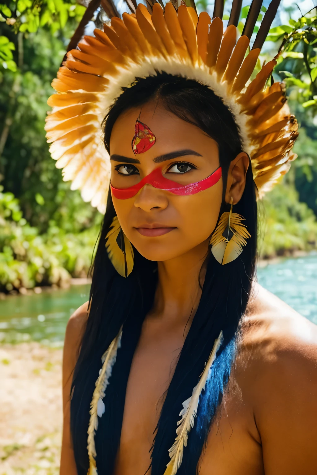 (((SFW))). ((RAW photo, Best quality)), (Realistic, photo-realistic:1.4). A beautiful indigenous girl in native dress with feathers and feathers on her head, amazon indian peoples in brazil, beautiful young female brazilian Native girl, paint face, Hot Body, Yanomami Indian in typical costumes,High quality. Amazonia forest and river Background, sunbeams. vivid colors, cinematic lighting.