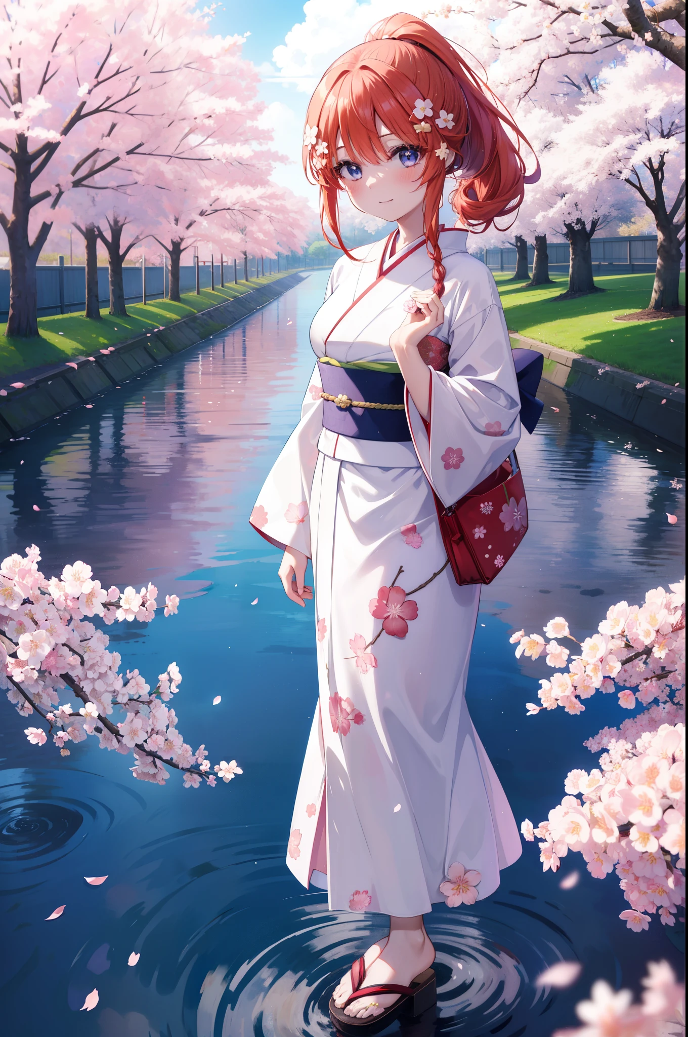 itsukinakano, Itsuki Nakano, bangs, blue eyes, hair between eyes, Ahoge, redhead, star \(symbol\), hair ornaments, star hair ornaments,short braided hair,ponytail,smile,blush,Gorgeous kimono with red floral pattern,Large sleeves,Zori sandals,Cherry blossom tree-lined path,The cherry blossoms have bloomed,Cherry blossoms are scattered,night,moonlight,Tsukimi cherry blossoms,spring,walk, anime girl with bag of food and bread,
break outdoors, Cherry blossom tree-lined path,
break (masterpiece:1.2), highest quality, High resolution, unity 8k wallpaper, (figure:0.8), (detailed and beautiful eyes:1.6), highly detailed face, perfect lighting, Very detailed CG, (perfect hands, perfect ???????),