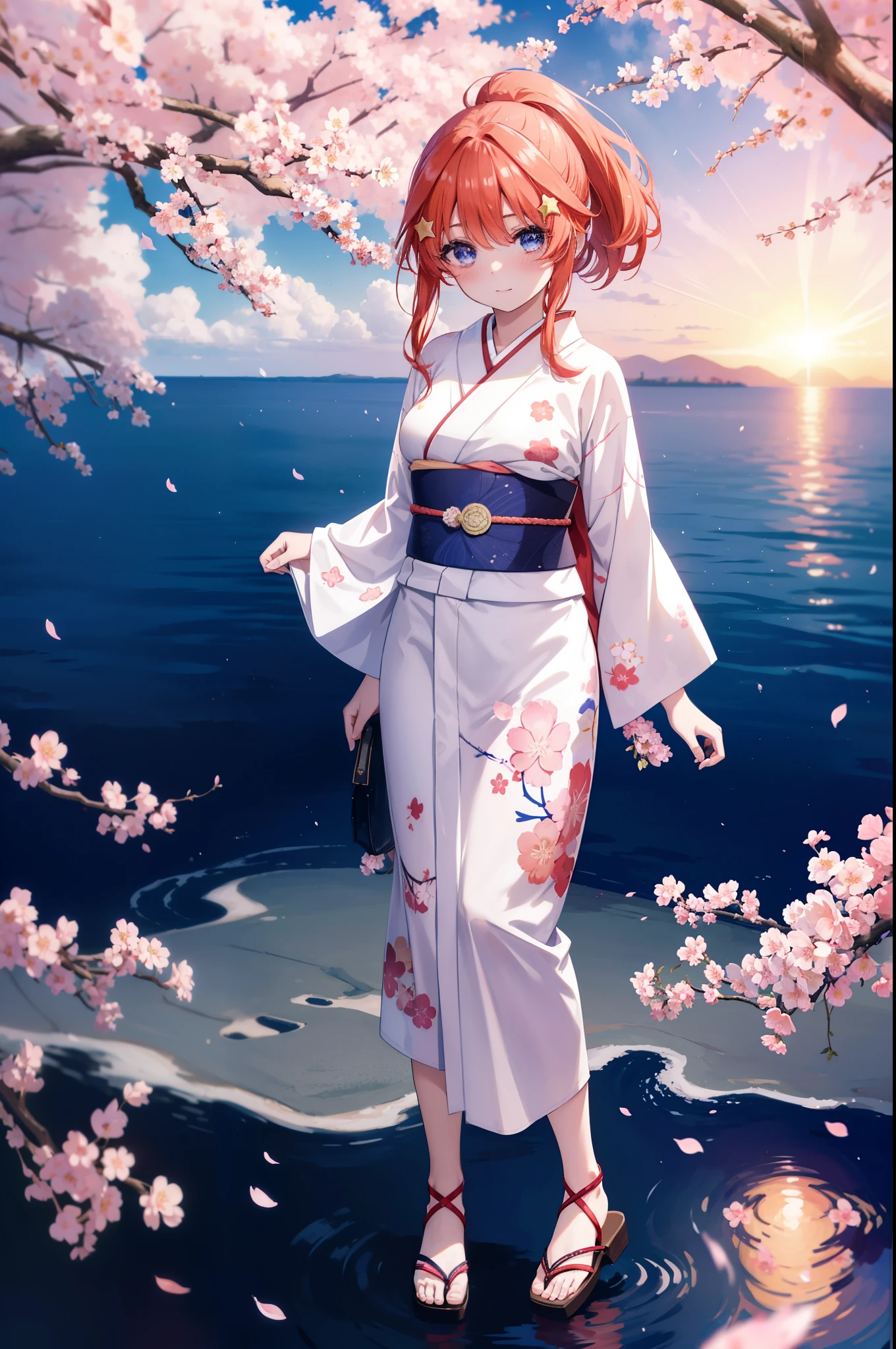 itsukinakano, Itsuki Nakano, bangs, blue eyes, hair between eyes, Ahoge, redhead, star \(symbol\), hair ornaments, star hair ornaments,short braided hair,ponytail,smile,blush,Gorgeous kimono with red floral pattern,Large sleeves,Zori sandals,Cherry blossom tree-lined path,The cherry blossoms have bloomed,Cherry blossoms are scattered,night,moonlight,Tsukimi cherry blossoms,spring,walk, anime girl with bag of food and bread,
break outdoors, Cherry blossom tree-lined path,
break (masterpiece:1.2), highest quality, High resolution, unity 8k wallpaper, (figure:0.8), (detailed and beautiful eyes:1.6), highly detailed face, perfect lighting, Very detailed CG, (perfect hands, perfect anatomy),