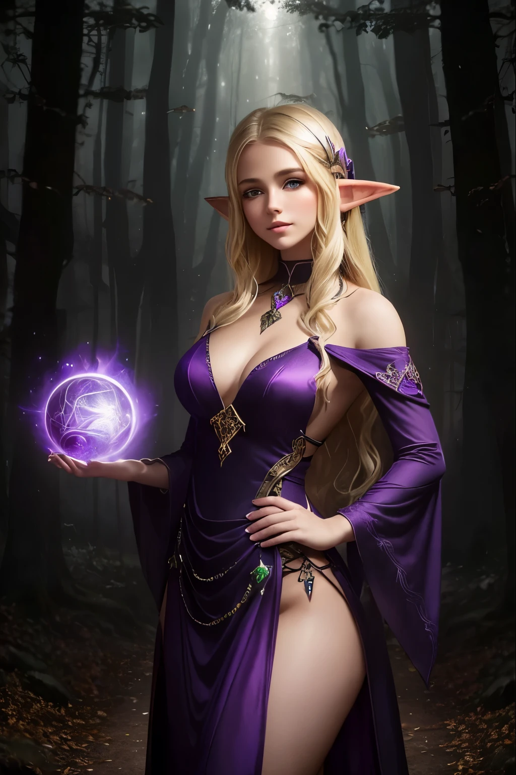 Young woman(elf, dark purple open dress, Perfect appearance, blonde hair, in both hands mystical balls of magic, mystical protective aura, Perfect hands), In the background there is an unusual forest and light fog