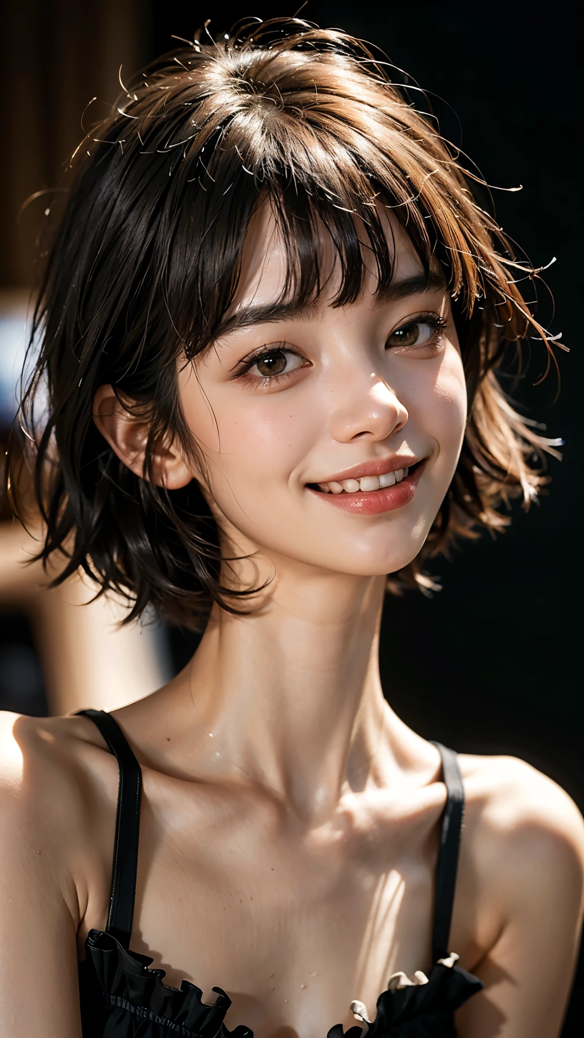 highest quality, masterpiece, ultra high resolution, (realistic:1.4), (portrait facing each other) RAW photo, 1 girl, ((Medium chest)),20-year-old,Underwear with frills,((black short hair,Bangs cut)),((look up at the audience)),realistic,((random background)),((toothy smile)),