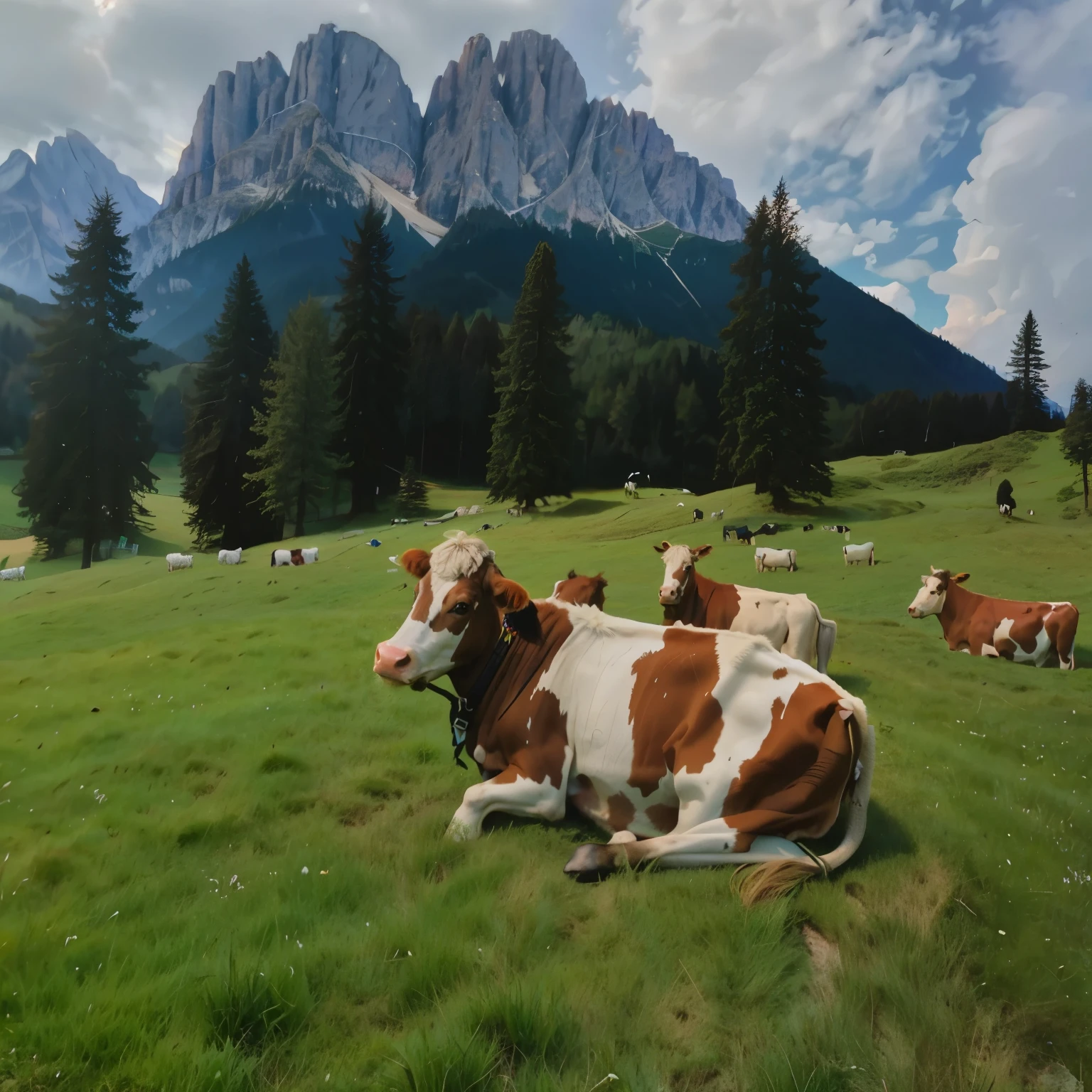 there are many cows that are laying down in the grass, cows, random cows, in the dolomites, by Erwin Bowien, bovine, dolomites in the background, by Dietmar Damerau, by Hans Schwarz, by Matthias Weischer, cow, dolomites in background, in the swiss alps, the alps are in the background