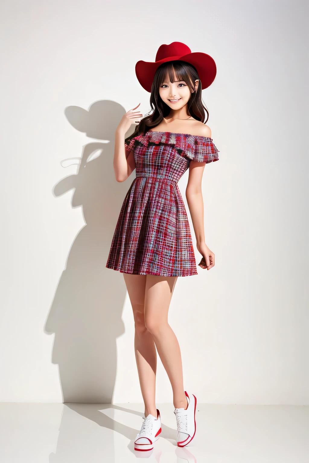 A woman wearing a plaid dress and hat is taking a photo., whole body picture, whole body cute young lady, Detailed plaid miniskirt, whole body! cute face, height: 155cm, height: 165cm, With white fluffy fur, whole body写真, wearing a red plaid dress, from me, whole body photo, plaid skirt