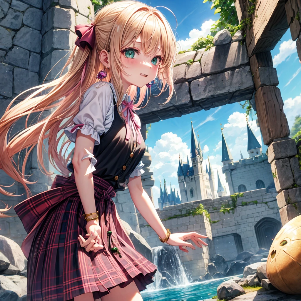 pink blonde、green eyes、one good looking girl、solo、anime、plaid mini skirt、the skirt has buttons、black camisole、black t-shirt、dress、wearing a ribbon、ribbon at waist、cloak、hood、clouds are swirling、stone slabs are piled up、one hand raised、crystal earrings、sun、teeth are visible、splash of water、vegetable garden、monster castle、ceiling、golden key、jewelry necklace、Light and shadow、window