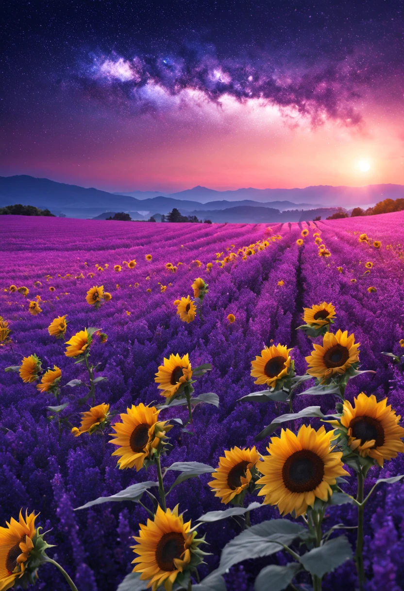 sea of flowers/Sea of flowers/sea of flowers sunflowers.Lavender.Cherry blossoms.Various varieties of roses.A sky full of stars.violet flower.(best quality,4k,8k,high resolution,masterpiece:1.2),Super detailed,(actual,photoactual,photo-actual:1.37),Sea of flowers景观