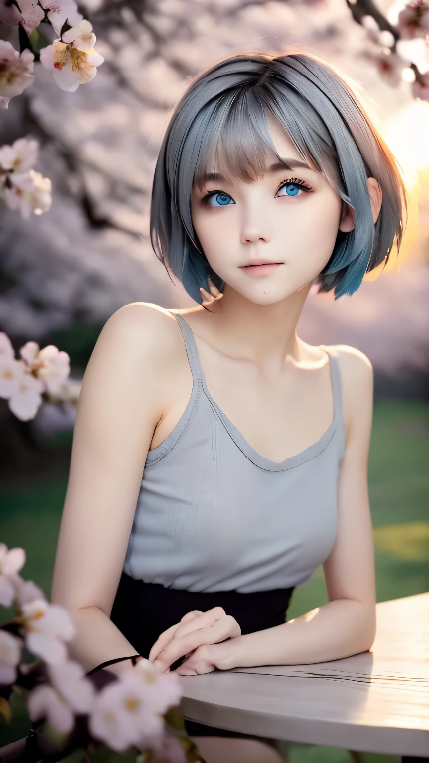 table top:1.2, high quality, 最high quality, High resolution, be familiar with, surreal, with a girl, very short gray hair, pixie cut hair, blue eyes, head tilt, sunset, Cherry Blossom, portrait,natural look, (be familiar with face), ((sharp focus)), ((face)), Upper body_body