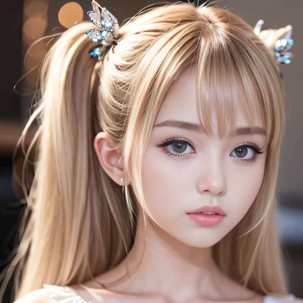 portrait、Topless、bright look、twin tails、young shiny glossy white shiny skin、best looks、blonde reflection、Platinum blonde hair with dazzling highlights、shiny bright hair,、super long straight hair、Shining beautiful bangs、Sparkling crystal clear charming big blue eyes、Very beautiful and adorable 12 year old girl、rich bust、White and beautiful blouse、I can see the collarbone、((I could see the whole body))、beautiful face、broad shoulders、Loosening perm、No bra、