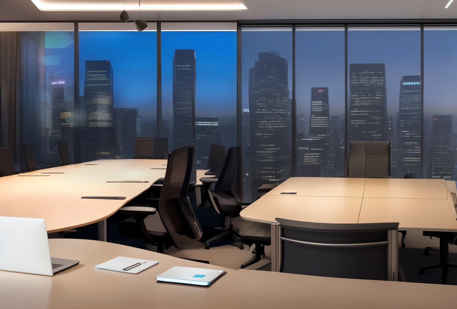 arafed conference table with laptop and chairs in a large conference room, corporate holograms, in a meeting room, office background, corner office background, sharp focus ilustration hq, meeting room, offices, large commercial led screens, sharp foccus ilustration hq, futuristic government chambers, in the background, interesting background, modern office, cubical meeting room office