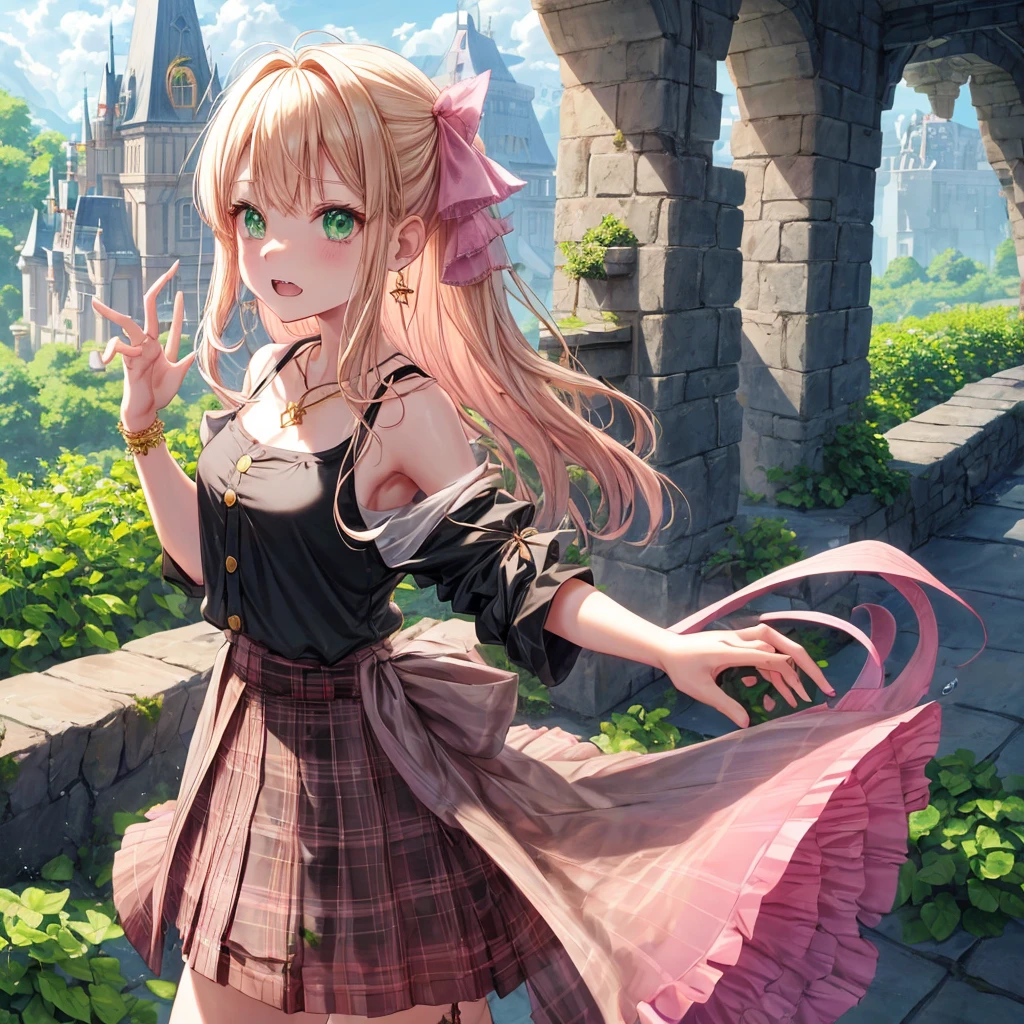 pink blonde、green eyes、one good looking girl、solo、anime、plaid mini skirt、the skirt has buttons、black camisole、black t-shirt、dress、wearing a ribbon、ribbon at waist、cloak、hood、clouds are swirling、stone slabs are piled up、one hand raised、crystal earrings、sun、teeth are visible、splash of water、vegetable garden、monster castle、ceiling、golden key、jewelry necklace、Light and shadow、window、behind hand