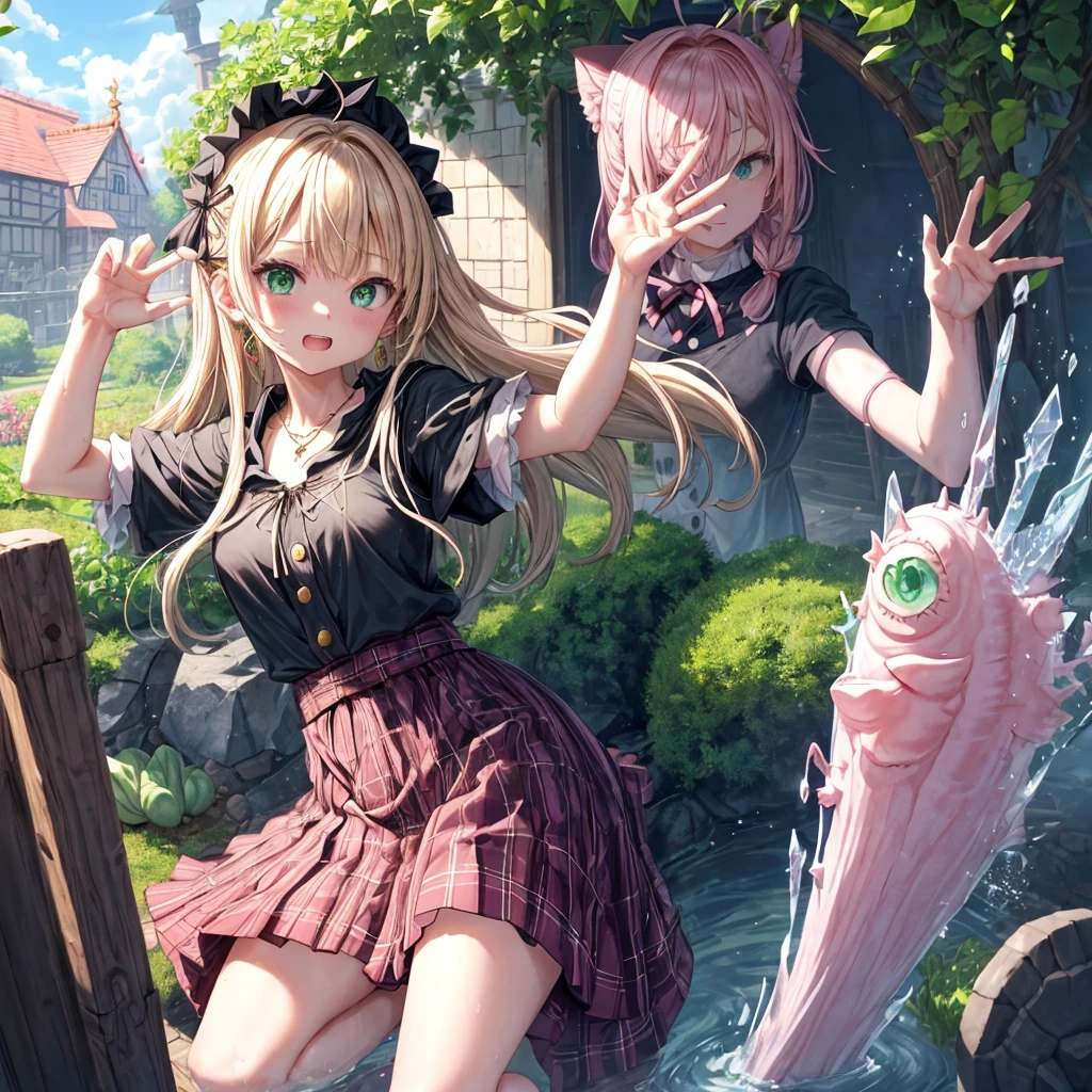 pink blonde、green eyes、one good looking girl、solo、anime、plaid mini skirt、the skirt has buttons、black camisole、black t-shirt、dress、wearing a ribbon、ribbon at waist、cloak、hood、clouds are swirling、stone slabs are piled up、one hand raised、crystal earrings、sun、teeth are visible、splash of water、vegetable garden、monster castle、ceiling、golden key、jewelry necklace、Light and shadow、window、behind hand