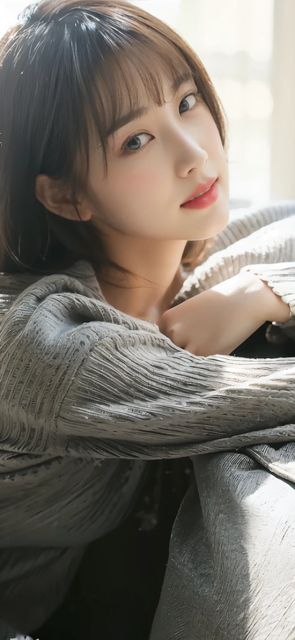 ((​Masterpiece, Top image quality, high resolution、alone、skin shiny))(on the table, best quality, (medium breasts:1.5),actual, super detailed, meticulous, high resolution, 8k wallpaper), Close-up portrait of a beautiful woman, like, smiling, light brown messy hair, Perfect dynamic composition, 美丽meticulous的眼睛, Just like the cover of a fashion magazine, on campus，Gorgeous costumes，hot stamping clothing，