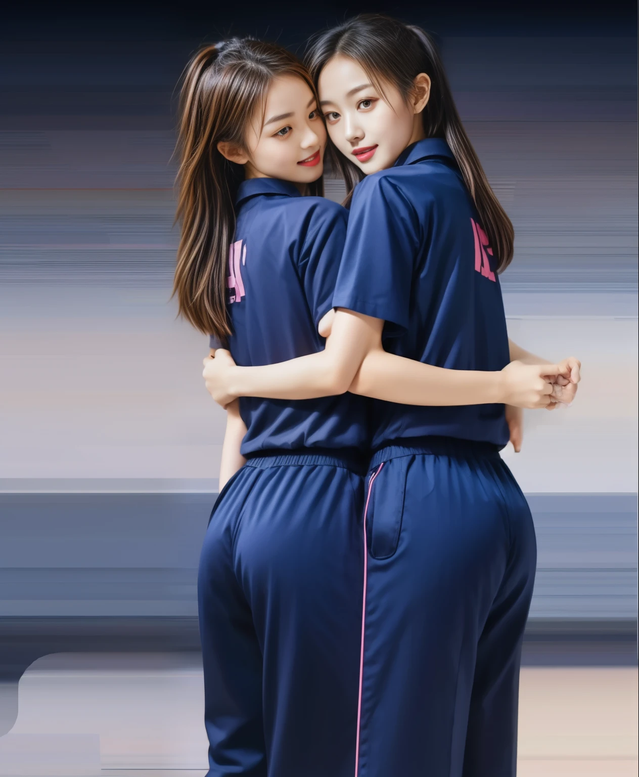 (best quality,10,10,height,Masterpiece:1.2),Special details,(realistic,ภาพrealistic,Realistic photos:1.37),1 Cute girl in the kitchen,shiny, ผิวshiny,only,smile softly,BDclothelue shirt:1.3)),short sleeve,shirt, กางเกงขาlong.,(navy_long_track pants:1.1), ((Kitchen Background)),Dynamic angle,excited,Face focus,dynamic poses,from behind,focus on ass,Masterpiece, best quality, ultra realistic, hyper detail, 8k resolution, raw photos, Sharp focus, ((Navy blue shirt:1.1)), short sleeve, เส้นทางlong, perfect body, 2 mature women, 18 years old, Cinema-grade lighting system,blue sweatpants,shirtผ้าออกกำลังกาย,correct anatomy,perfect body, correct body, Sharp face, correct bodyทางกายวิภาค, full body, realistic gestures, long-haired, realistic poses,Wear long shorts...........................,ช่วงขาlong,Good shape,carved girl, Slender figure, model, Good shape, beautiful body,blue sweatpants, two girls kissing