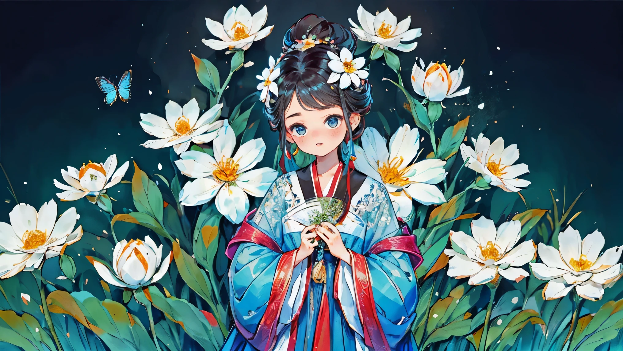 1 Sister, Alone, looking at viewert, face flushed, Background with, black hair color hair, hair adornments, longer sleeves, white backgrounid, everlasting, Full body lesbian, flowers in full bloom, hairflower, hair-bun, butterflys, hanhu, tmasterpiece, recent quality, The finest details, Clear facial features, beautidful eyes