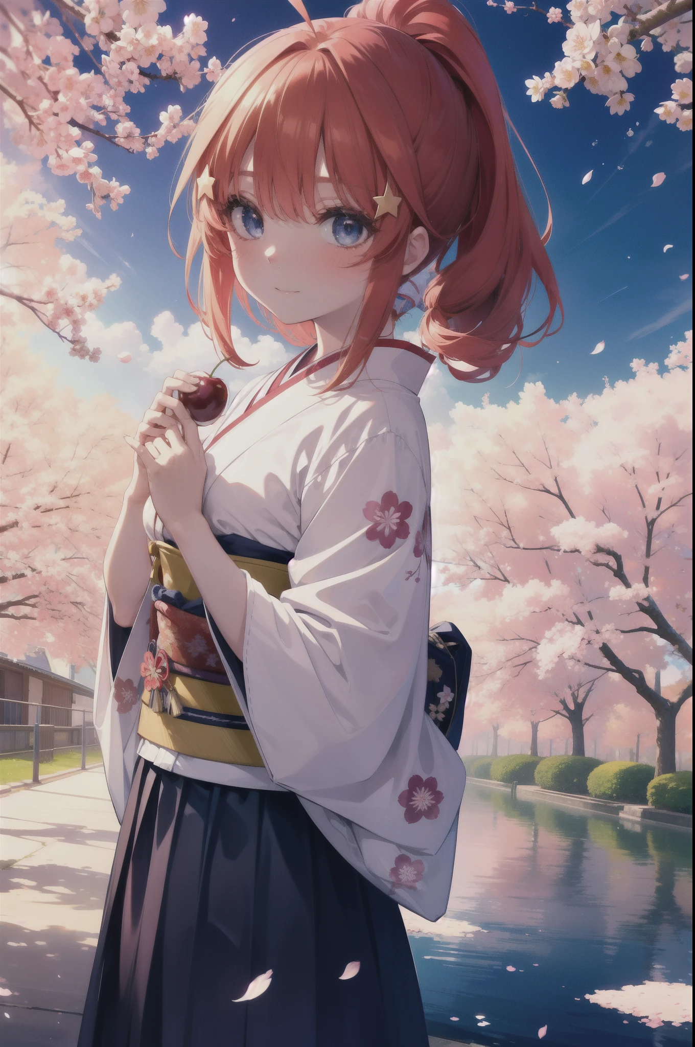 itsukinakano, Itsuki Nakano, bangs, blue eyes, hair between eyes, Ahoge, redhead, star \(symbol\), hair ornaments, star hair ornaments,short braided hair,ponytail,smile,blush,Gorgeous kimono with red floral pattern,Large sleeves,Zori sandals,Cherry blossom tree-lined path,The cherry blossoms have bloomed,Cherry blossoms are scattered,night,moonlight,Tsukimi cherry blossoms,spring,walk, anime girl with bag of food and bread,
break outdoors, residential street,Cherry blossom tree-lined path,　　　　　　　　　　break looking at viewer ,Upper body,whole body,(cowboy shot:1. 5),　
break (masterpiece:1.2), highest quality, High resolution, unity 8k wallpaper, (figure:0.8), (detailed and beautiful eyes:1.6), highly detailed face, perfect lighting, Very detailed CG, (perfect hands, perfect anatomy),