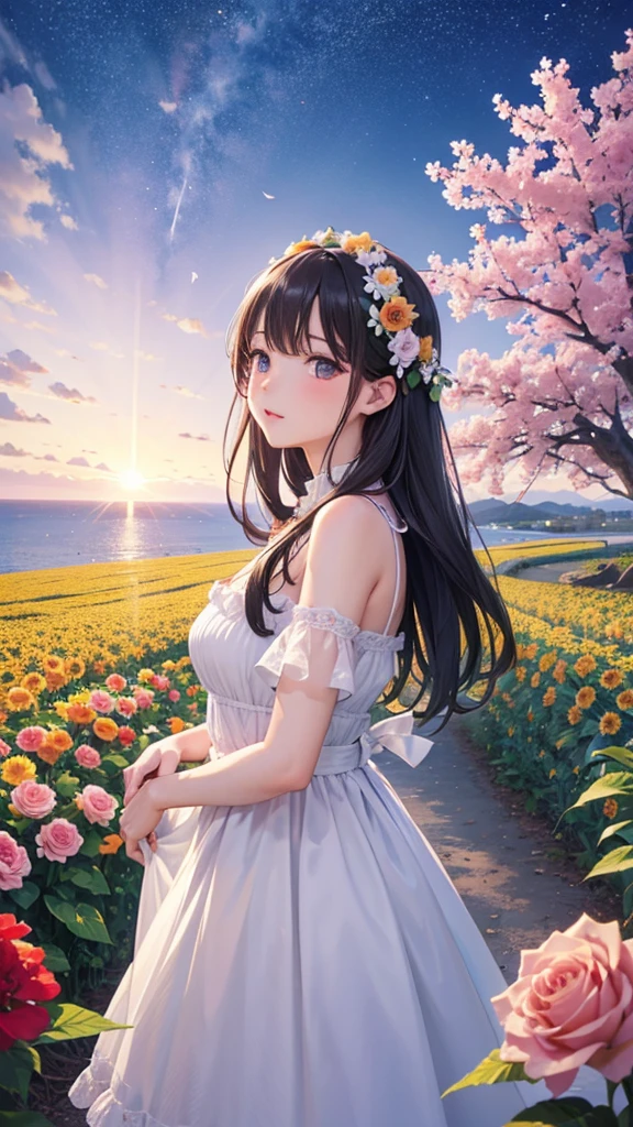 sea of flowers/Sea of flowers/sea of flowers sunflowers.Lavender.Cherry blossoms.Various varieties of roses.A sky full of stars.violet flower.(best quality,4k,8k,high resolution,masterpiece:1.2),Super detailed,(actual,photoactual,photo-actual:1.37),Sea of flowers景观
