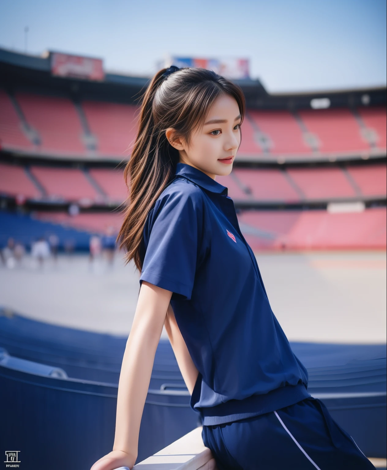 (best quality,10,10,height,Masterpiece:1.2),Special details,(realistic,ภาพrealistic,Realistic photos:1.37),1 cute girl on the football field,shiny, ผิวshiny,only,smile softly,BDclothelue shirt:1.3)),short sleeve,shirt, กางเกงขาlong.,(navy_long_track pants:1.1), ((stadium background:1.3)),Dynamic angle,excited,Face focus,dynamic poses,from behind,focus on ass,Masterpiece, best quality, ultra realistic, hyper-detail, 8K resolution, raw photos, Sharp focus, ((Navy blue shirt:1.1)), short sleeve, เส้นทางlong, perfect body, 2 mature women, 18 years old, Cinema-grade lighting system,blue sweatpants,shirtผ้าออกกำลังกาย,correct anatomy,perfect body, correct body, Sharp face, correct bodyทางกายวิภาค, full body, realistic gestures, long-haired, realistic poses,Wear long shorts................................,ช่วงขาlong,Good shape,carved girl, Slender figure, model, Good shape, beautiful body,blue sweatpants, two girls kissing