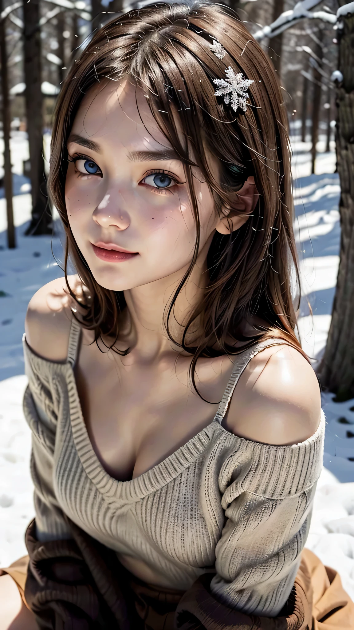 (Very little to nsfw、masutepiece、Top image quality、top-quality、1 person woman、A very beautiful adult woman with a very cute smile、Beautiful face with symmetry、Beautiful woman full of adult charm、Gradient Eyes、Intense crystal light blue eyes、Intense highlighting of the eyes、Slightly bigger eyes、Lashes、Double eyelids、lipgloss、Beautiful teeth、Beautiful teeth alignment、Put your ears out、Beautiful long neck、shorth hair、Lustrous hair、crossed bangs、asymmetric bangs、Head tilt、point at viewer、Look firmly at the camera、Turn the body slightly to the left)、Beautiful design winter clothes coat coordination、Winter coat、Winter clothes hat、Deities々Deep forest background:1.6、28 year old beautiful woman、Smaller face、Short beautiful hair that feels movement、{Gigantic|Big|Huge|Mega} breasts, cleavage、Very tall supermodel、Supermodel with very broad shoulders、