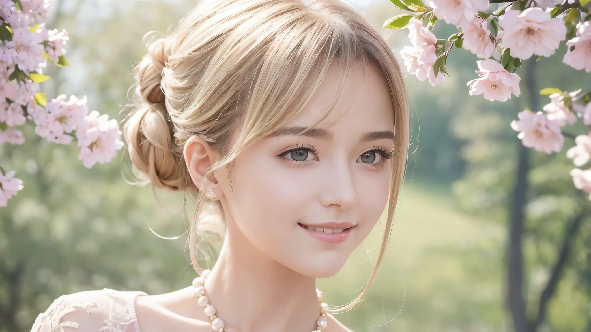 masterpiece, award winning, high quality, super detail, 8k, photo, girl, solo, smile, black hair, half updo, elegant dress, elegant clothes, spring clothes, modern fashion, (theme color is pale pink and peppermint green), complemented with a necklace, (close up), (portrait style), in an old European town, classic European architecture, in early spring, natural daylight, direct sunlight, harmonious color palette and composition