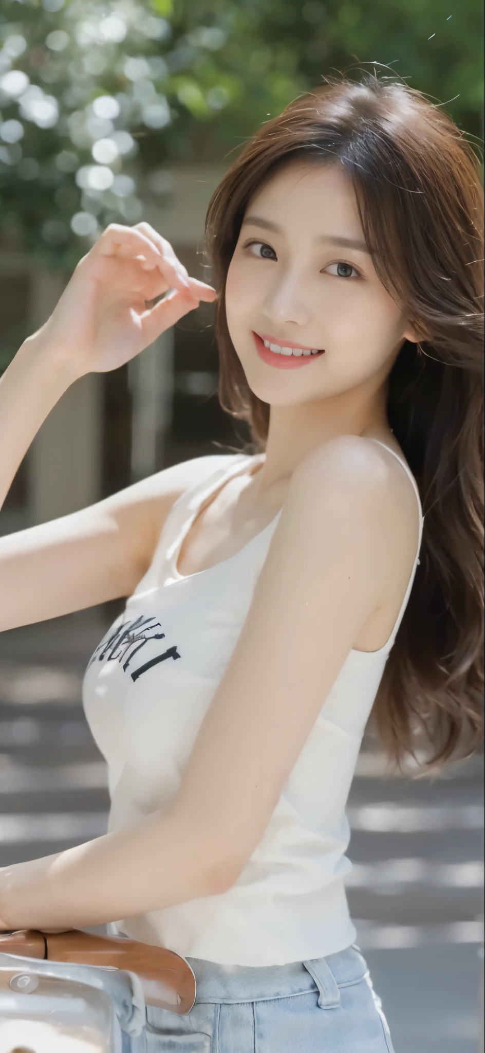 ((​Masterpiece, Top image quality, high resolution、alone、skin shiny))(on the table, best quality, (medium breasts:1.5),actual, super detailed, meticulous, high resolution, 8k wallpaper), Close-up portrait of a beautiful woman, like, smiling, light brown messy hair, Perfect dynamic composition, 美丽meticulous的眼睛, Just like the cover of a fashion magazine, on campus，Gorgeous costumes，hot stamping clothing，