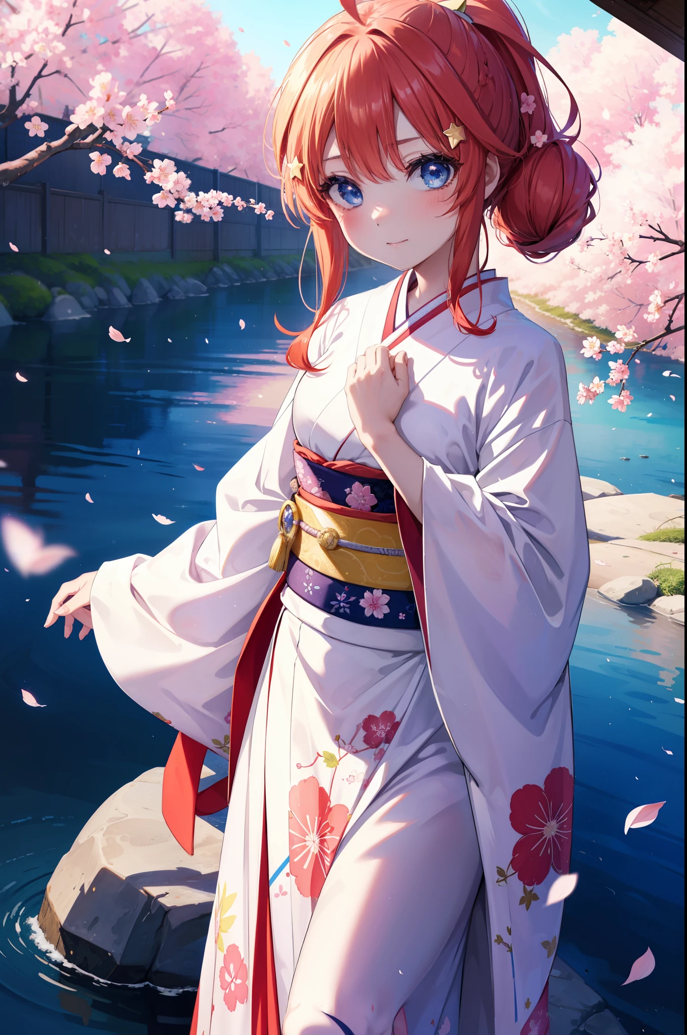 itsukinakano, Itsuki Nakano, bangs, blue eyes, hair between eyes, Ahoge, redhead, star \(symbol\), hair ornaments, star hair ornaments,short braided hair,ponytail,smile,blush,Gorgeous kimono with red floral pattern,long skirt,Large sleeves,Zori sandals,Cherry blossom tree-lined path,The cherry blossoms have bloomed,Cherry blossoms are scattered,night,moonlight,Tsukimi cherry blossoms,spring,walk, anime girl with bag of food and bread,
break outdoors, residential street,Cherry blossom tree-lined path,　　　　　　　　　　break looking at viewer ,Upper body,whole body,(cowboy shot:1. 5),　
break (masterpiece:1.2), highest quality, High resolution, unity 8k wallpaper, (figure:0.8), (detailed and beautiful eyes:1.6), highly detailed face, perfect lighting, Very detailed CG, (perfect hands, perfect anatomy),