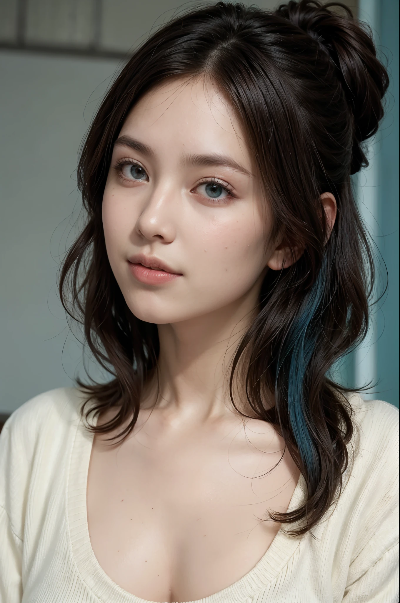 (masterpiece), (highest quality), (super detailed),(messy hair),(figure), (1 girl), (fashionable clothes), Are standing, Fashion Model, looking at the viewer, (interview), (simple background),detailed and beautiful eyes, delicate beautiful face, floating,(high color saturation),(colorful splashes),colorful bubble,(shining), focus on the face,  ponytail, kamisato ayaka, light blue hair, bangs, hair ring, floating flowers, floating hair, (shining), best lighting, best shadow,