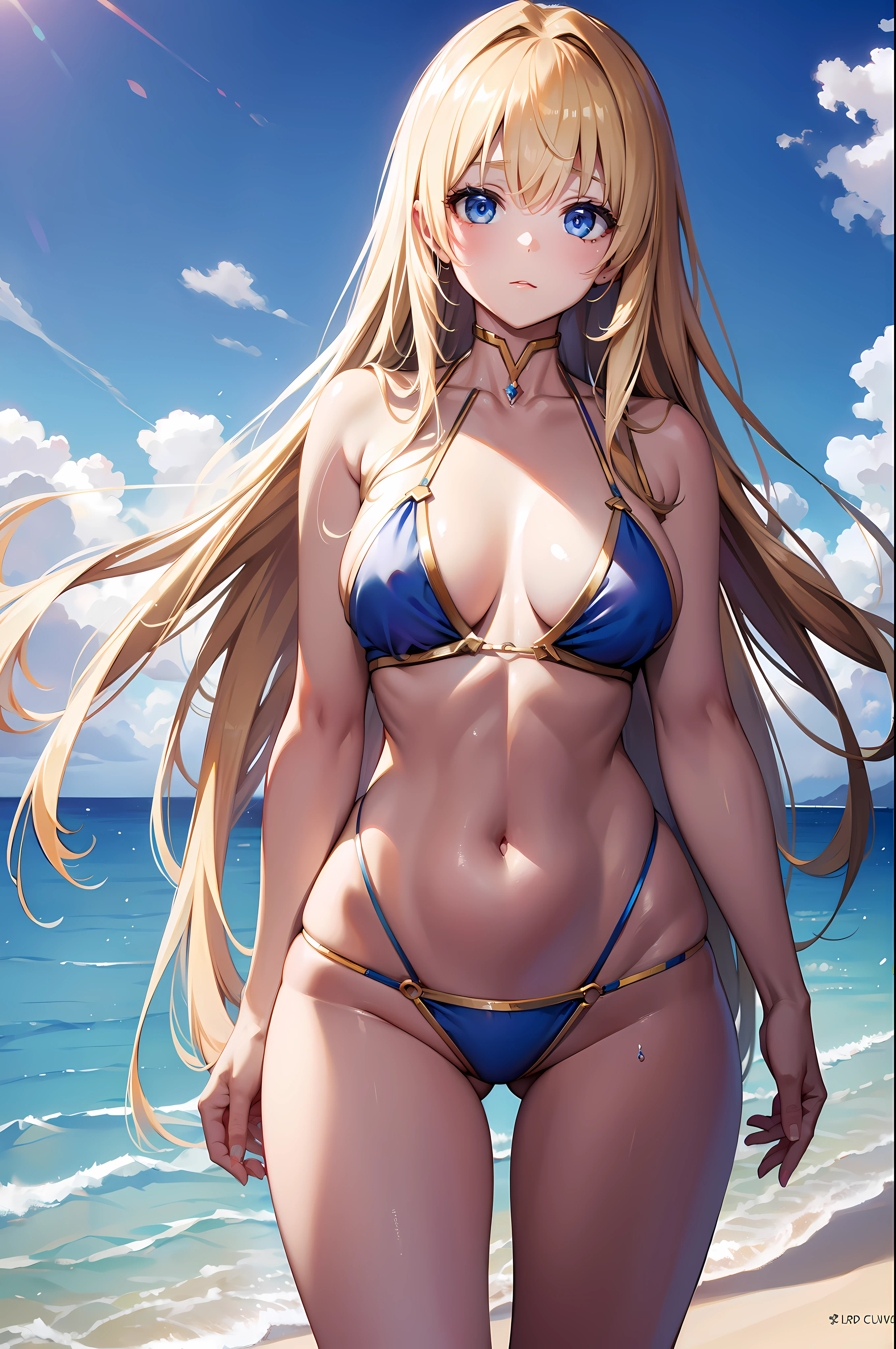 best quality, masterpiece, 1 woman, (alone:1.1), very detailed,detailed face, 8k wallpaper, wide hips, PriestessNDV, 1 woman, blonde hair, (blue eyes chest, long hair, sexy, White_simple_bikini, Beach, bright, (real skin) , standing , cowboy_launch