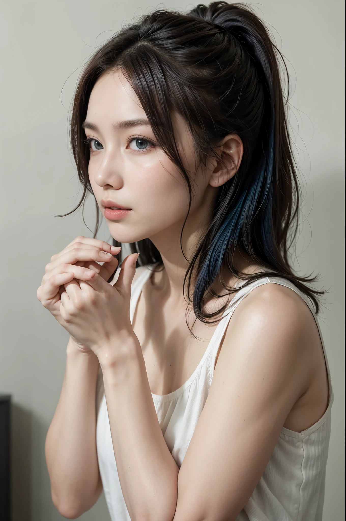 (masterpiece), (highest quality), (super detailed),(messy hair),(figure), (1 girl), (fashionable clothes), Are standing, Fashion Model, looking at the viewer, (interview), (simple background),detailed and beautiful eyes, delicate beautiful face, floating,(high color saturation),(colorful splashes),colorful bubble,(shining), focus on the face, ponytail, kamisato ayaka, light blue hair, bangs, hair ring, floating flowers, floating hair, (shining), best lighting, best shadow,