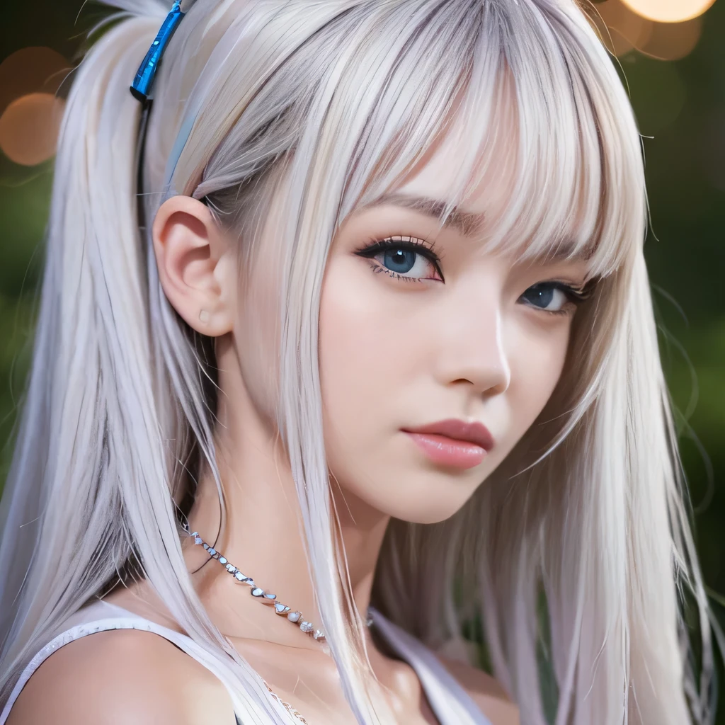 portrait、???????、bright look、twin tails、young shiny glossy white shiny skin、best looks、blonde reflection、Platinum blonde hair with dazzling highlights、shiny bright hair,、super long straight hair、Shining beautiful bangs、Sparkling crystal clear charming big blue eyes、A very beautiful and adorable 16 year old girl、rich bust、White and beautiful blouse、I can see the collarbone、((I could see the whole body))、beautiful face、broad shoulders、Loosening perm、No bra、