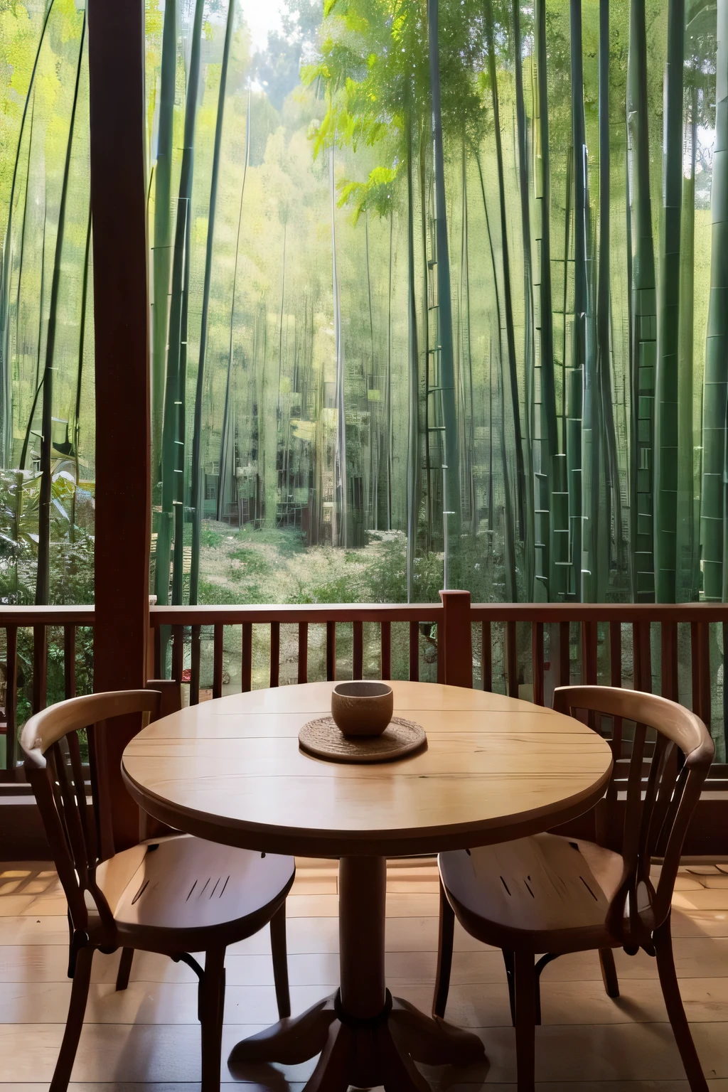 no characters，Chinese style，Bamboo forest background，Sunlight，it is，wooden table，There was a teacup on the table，actual，Extremely true