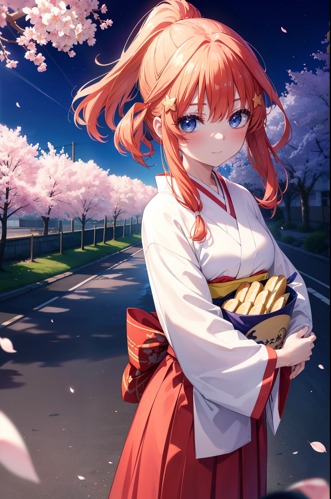 itsukinakano, Itsuki Nakano, bangs, blue eyes, hair between eyes, Ahoge, redhead, star \(symbol\), hair ornaments, star hair ornaments,short braided hair,ponytail,smile,blush,Gorgeous kimono with red floral pattern,long skirt,Large sleeves,Zori sandals,Cherry blossom tree-lined path,The cherry blossoms have bloomed,Cherry blossoms are scattered,night,満点のstarの光,moonlight,Tsukimi cherry blossoms,spring,walk, anime girl with bag of food and bread,
break outdoors, residential street,Cherry blossom tree-lined path, break looking at viewer ,Upper body,whole body,(cowboy shot:1. 5),
break (masterpiece:1.2), highest quality, High resolution, unity 8k wallpaper, (figure:0.8), (detailed and beautiful eyes:1.6), highly detailed face, perfect lighting, Very detailed CG, (perfect hands, perfect anatomy),