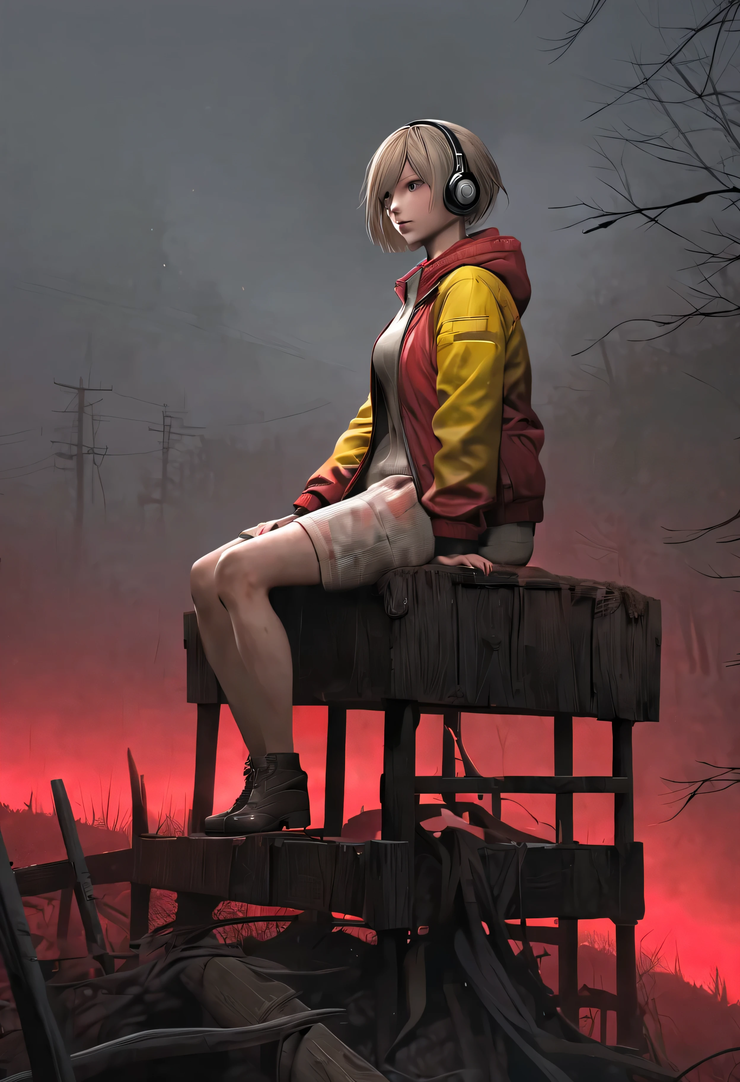 Heather from Silent Hill, wearing headphones, sitting on a wooden fence on an extremely foggy hill. The image shows the full body, with predominant colors being gray, white, yellow, and red. Shes wearing a white windbreaker jacket, her hair is really short, like a pixie cut.