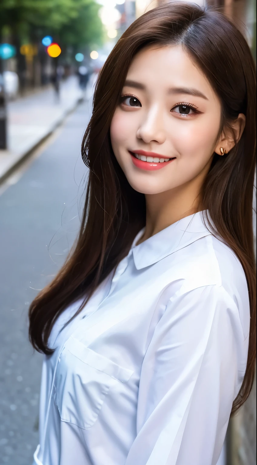 RAW photo, camera&#39;s line of sight, ((highest quality, 8k, masterpiece: 1.3)), sharp focus: 1.2, white shirt, Quite a feature, best smile, cute smile, beautiful woman with perfect style: 1.4, thin abs: 1.2, dark brown hair, (Natural light, city street: 1.1), Highly detailed face and skin texture, fine eyes, double eyelid