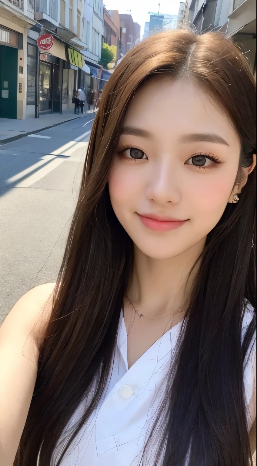 RAW photo, camera's line of sight, ((highest quality, 8k, masterpiece: 1.3)), sharp focus: 1.2, white shirt, Quite a feature, best smile, cute smile, beautiful woman with perfect style: 1.4, thin abs: 1.2, dark brown hair, (Natural light, city street: 1.1), Highly detailed face and skin texture, fine eyes, double eyelid
