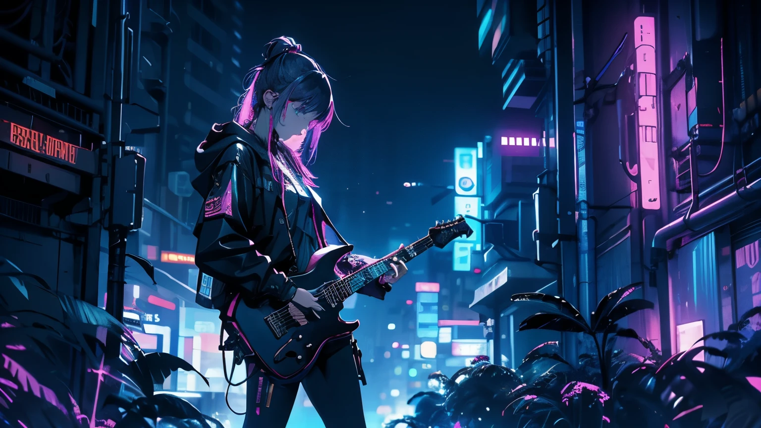 skyscraper night view neon high quality ultra high definition cyberpunk holding a guitar