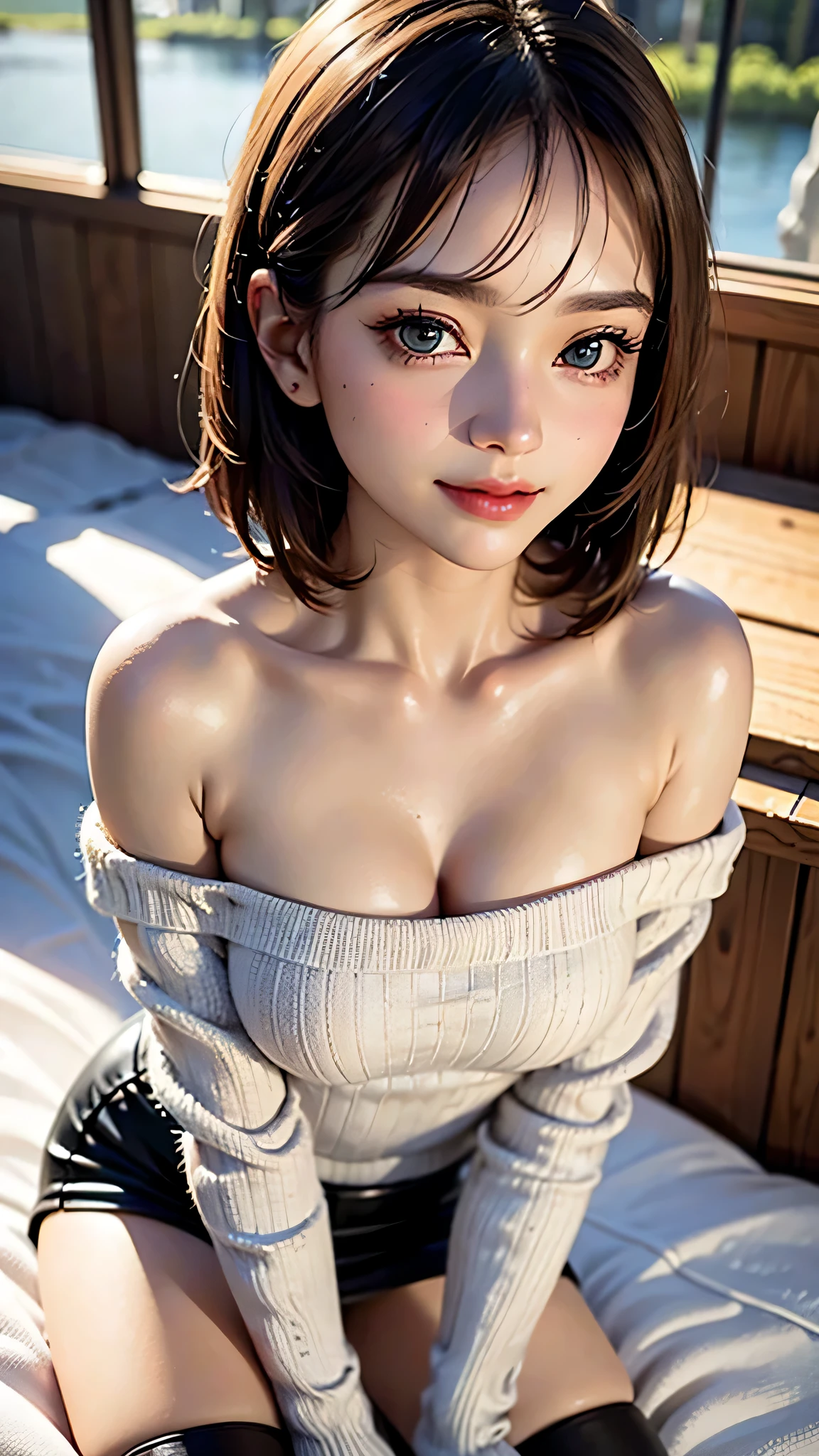 (Highest quality,8K,High resolution,masterpiece:1.3),全nakedの女性、Japanese、Cute Woman、Hotel with a view of the snowy mountains、blue sky, Focus on the chest area, naked, Perfect figure, Tight waist, Relaxed smile, Straight hair in the middle, Pubic hair is visible、Natural light