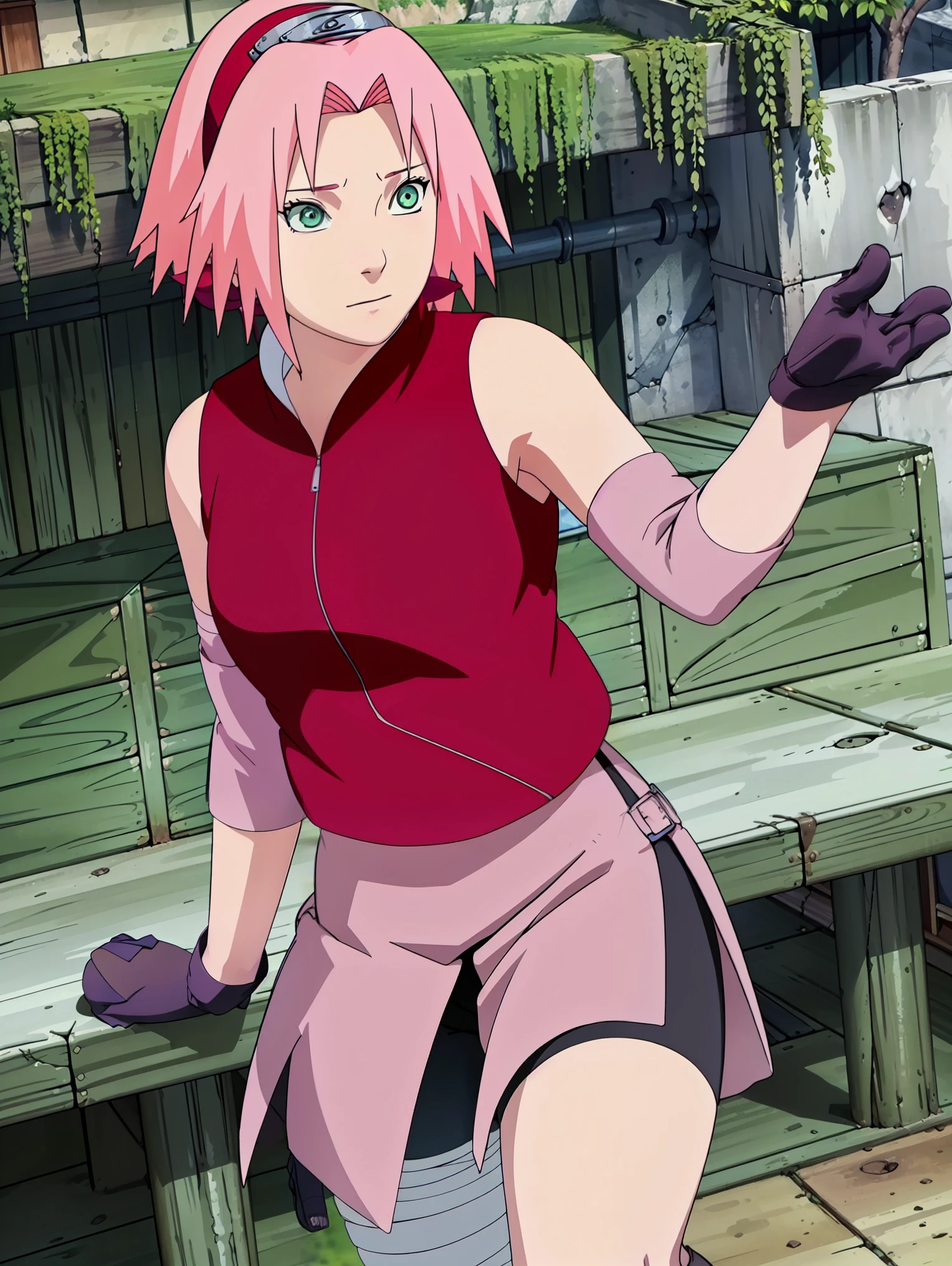 High-quality, ultra-detailed, realistic artwork of a scene from "Sakura Shippuden" with vivid colors, perfect for 4K or 8K resolutions. The scene depicts Sakura Haruno, a young woman, standing gracefully in a garden surrounded by blooming sakura (cherry blossom) trees. She is wearing a red jacket embroidered with the symbol of Konohagakure, the Hidden Leaf Village. Her leg is bandaged, indicating a recent injury. Sakura is wearing a short skirt and toeless footwear, emphasizing her femininity and agility. Sakura has shoulder-length bangs that softly frame her face, revealing her beautiful, green eyes. Her face is adorned with a forehead protector, which bears the Konohagakure symbol, signifying her allegiance to her village. The artwork showcases Sakura's attention to detail, including her long eyelashes, detailed lips, and delicate features, capturing her determination and inner strength. The lighting in the scene is soft and warm, casting a gentle glow on the petals of the sakura blossoms. The vibrant colors of the cherry blossoms contrast against Sakura's black short sleeves and gloves, adding depth to the composition. The overall color scheme leans towards pastel tones, enhancing the serene and tranquil atmosphere of the garden. This masterpiece artwork aims to capture the essence of Sakura Haruno's character, portraying her as a confident, skilled kunoichi amidst the delicate beauty of the sakura garden. The attention to detail, vibrant colors, and realistic rendering will bring this scene to life, evoking the spirit of "Sakura Shippuden" in a visually stunning manner. 