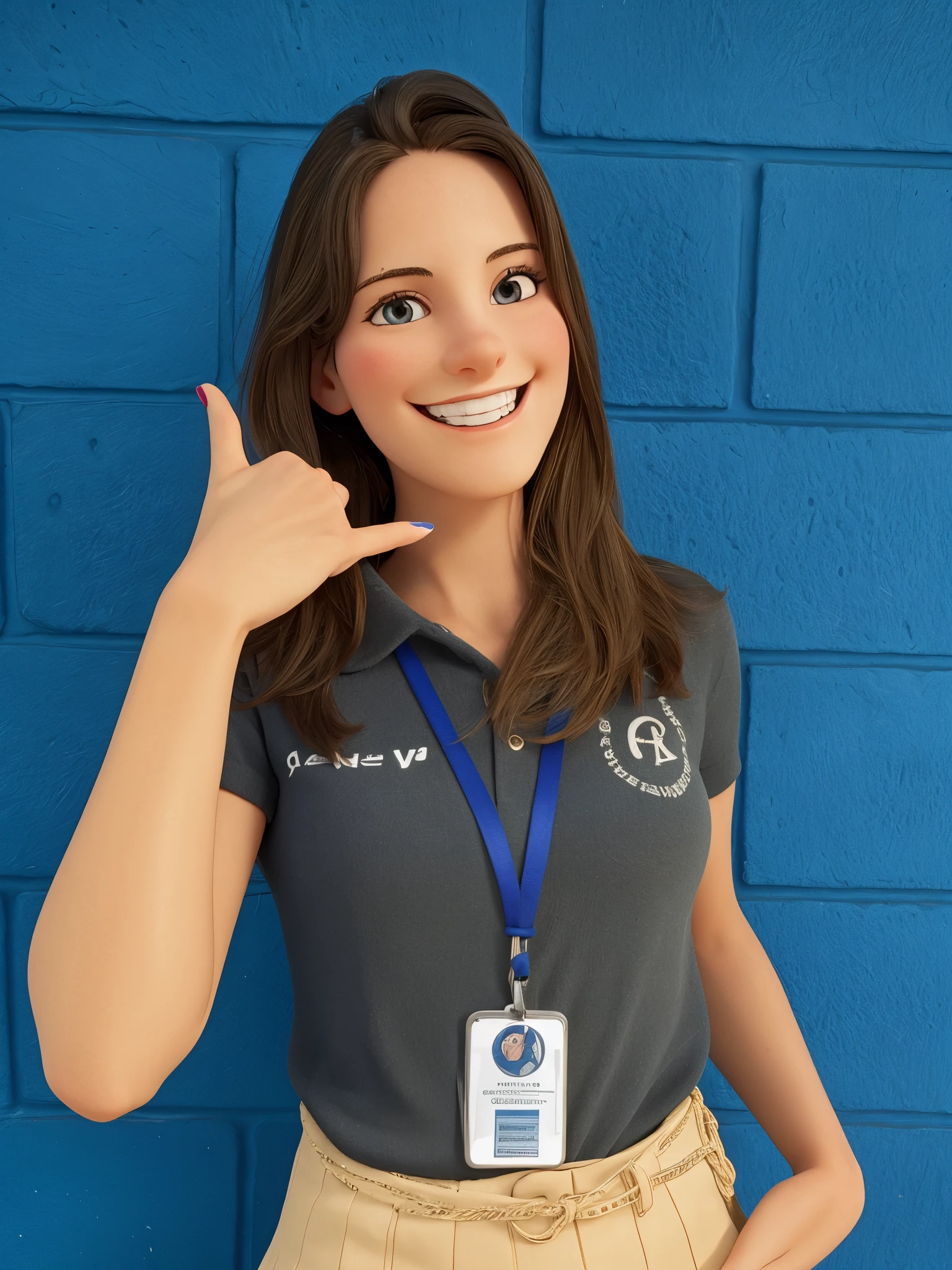 thin woman smiling and making connection sign with her hand