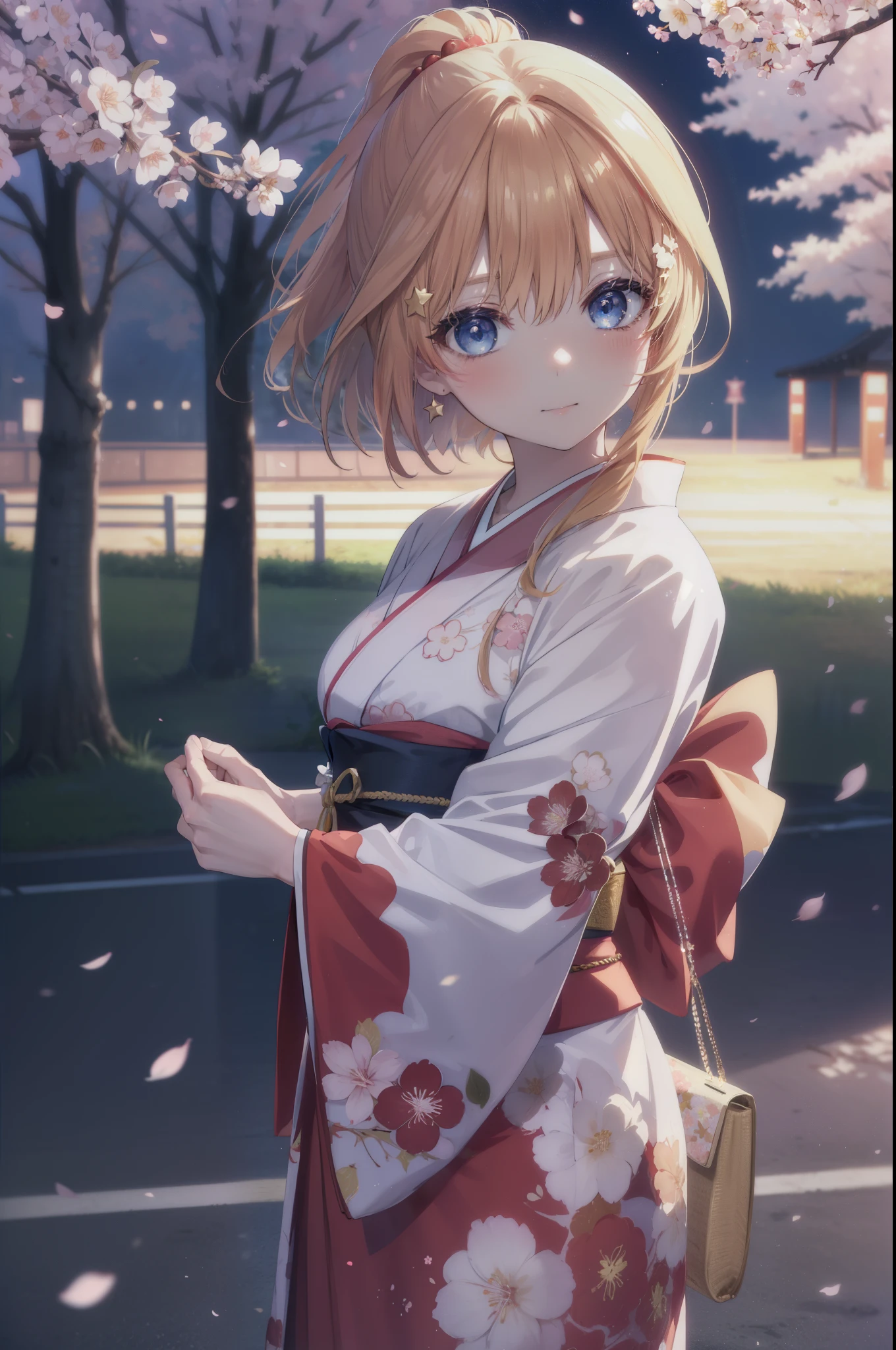 itsukinakano, Itsuki Nakano, bangs, blue eyes, hair between eyes, Ahoge, redhead, star \(symbol\), hair ornaments, star hair ornaments,short braided hair,ponytail,smile,blush,Gorgeous kimono with red floral pattern,long skirt,Large sleeves,Zori sandals,Cherry blossom tree-lined path,The cherry blossoms have bloomed,Cherry blossoms are scattered,night,満点のstarの光,moonlight,Tsukimi cherry blossoms,spring,walk, anime girl with bag of food and bread,
break outdoors, residential street,Cherry blossom tree-lined path, break looking at viewer ,Upper body,whole body,(cowboy shot:1. 5),
break (masterpiece:1.2), highest quality, High resolution, unity 8k wallpaper, (figure:0.8), (detailed and beautiful eyes:1.6), highly detailed face, perfect lighting, Very detailed CG, (perfect hands, perfect anatomy),