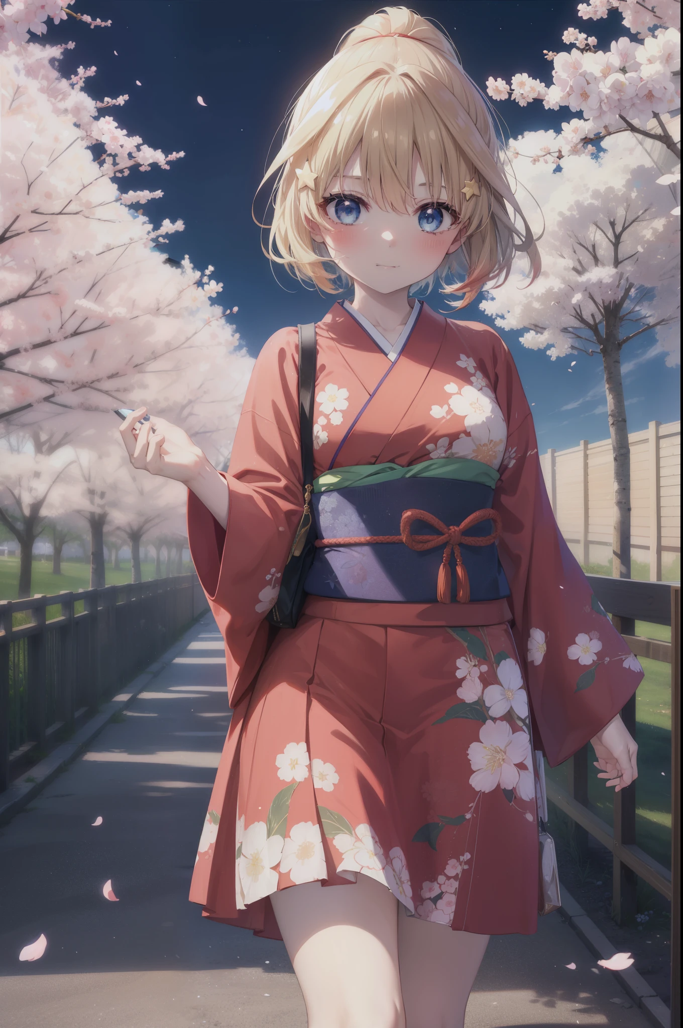 itsukinakano, Itsuki Nakano, bangs, blue eyes, hair between eyes, Ahoge, redhead, star \(symbol\), hair ornaments, star hair ornaments,short braided hair,ponytail,smile,blush,Gorgeous kimono with red floral pattern,long skirt,Large sleeves,Zori sandals,Cherry blossom tree-lined path,The cherry blossoms have bloomed,Cherry blossoms are scattered,night,満点のstarの光,moonlight,Tsukimi cherry blossoms,spring,walk, anime girl with bag of food and bread,
break outdoors, residential street,Cherry blossom tree-lined path, break looking at viewer ,Upper body,whole body,(cowboy shot:1. 5),
break (masterpiece:1.2), highest quality, High resolution, unity 8k wallpaper, (figure:0.8), (detailed and beautiful eyes:1.6), highly detailed face, perfect lighting, Very detailed CG, (perfect hands, perfect anatomy),