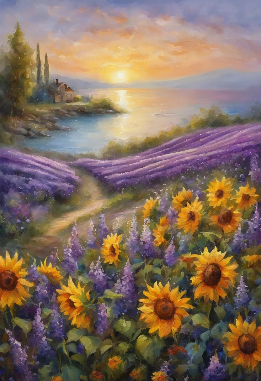  sea of flowers/Sea of flowers/sea of flowers sunflowers.Lavender.Cherry blossoms.Various varieties of roses.A sky full of stars.violet flower.(best quality,4k,8k,high resolution,masterpiece:1.2),Super detailed,(actual,photoactual,photo-actual:1.37),Sea of flowers景观