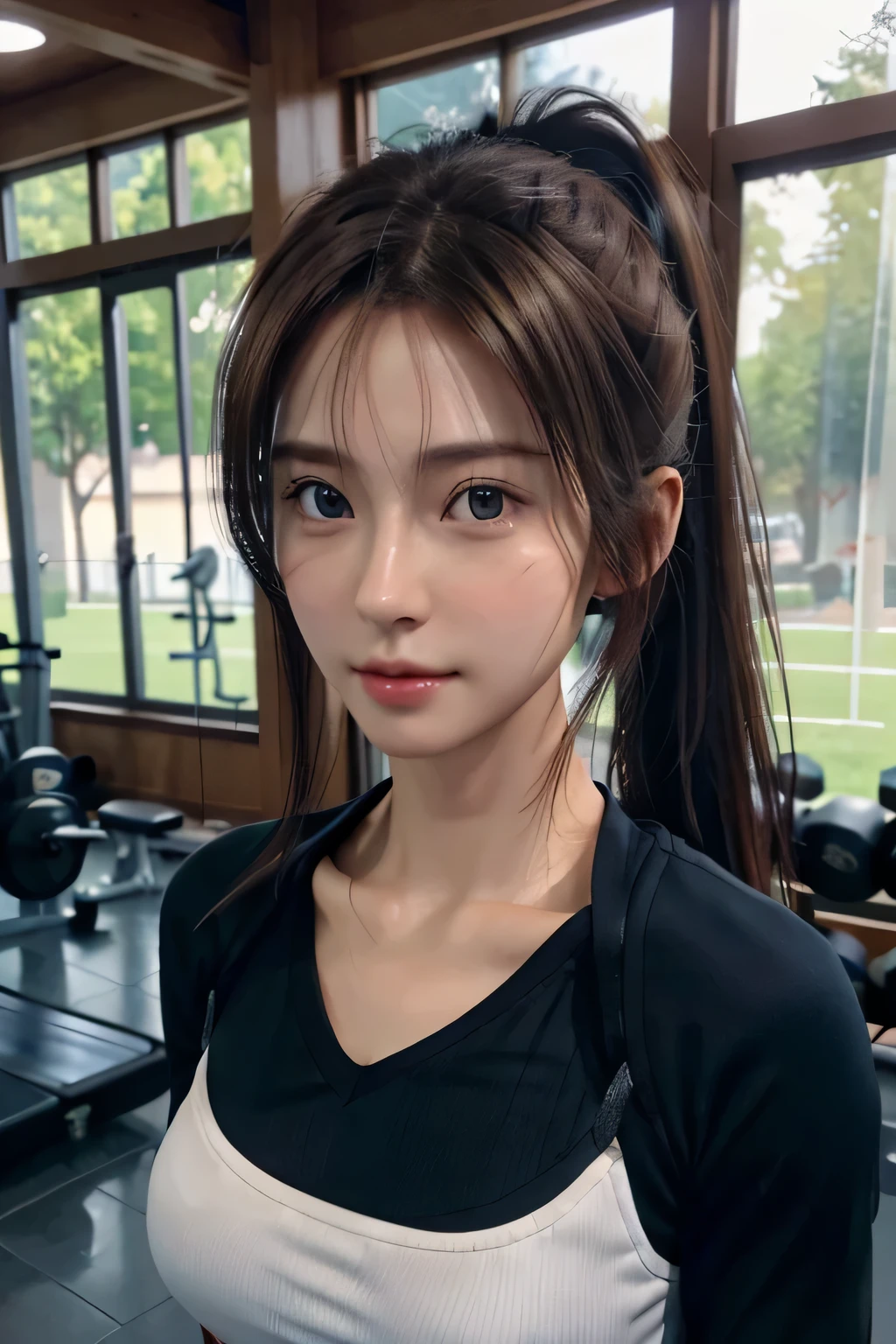 (1 girl:1.4)、(wearing training clothes、fitness gym:1.2)、(Photoreal:1.4)、(hyper realistic:1.4)、(realistic:1.3)、(smooth lighting:1.05)、(映画の照明Improvement of quality:0.9)、32K、20 year old girl、healthy beauty、(whole body:1.2)、realistic lighting、Backlight、facial light、ray tracing、(Natural light:1.2)、(Improvement of quality:1.4)、(Highest quality realistic textured skin:1.4)、detailed face、fine eyes、(tired, sleepy and satisfied:0.0)、 big breasts、(Enhances the mood of your body line:1.1)、(Enhances the beauty of skin texture:1.1)、brown hair、Medium hair with a uniform shape on the left and right、ponytail
