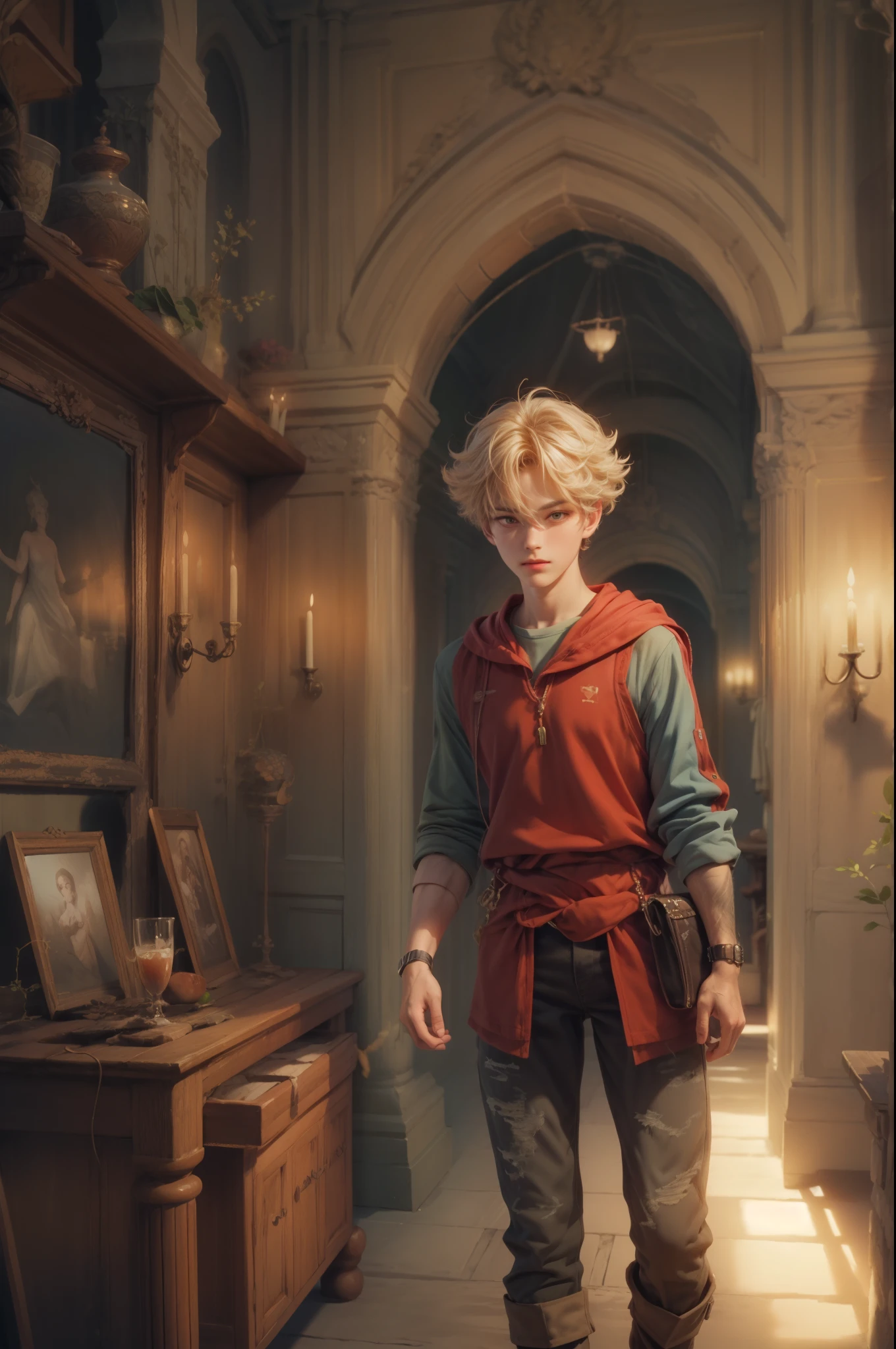 High resolution masterpiece best quality portrait close-up, handsome boy, perfect face, red eyes, short hair, detailed outfit, detailed background scenery