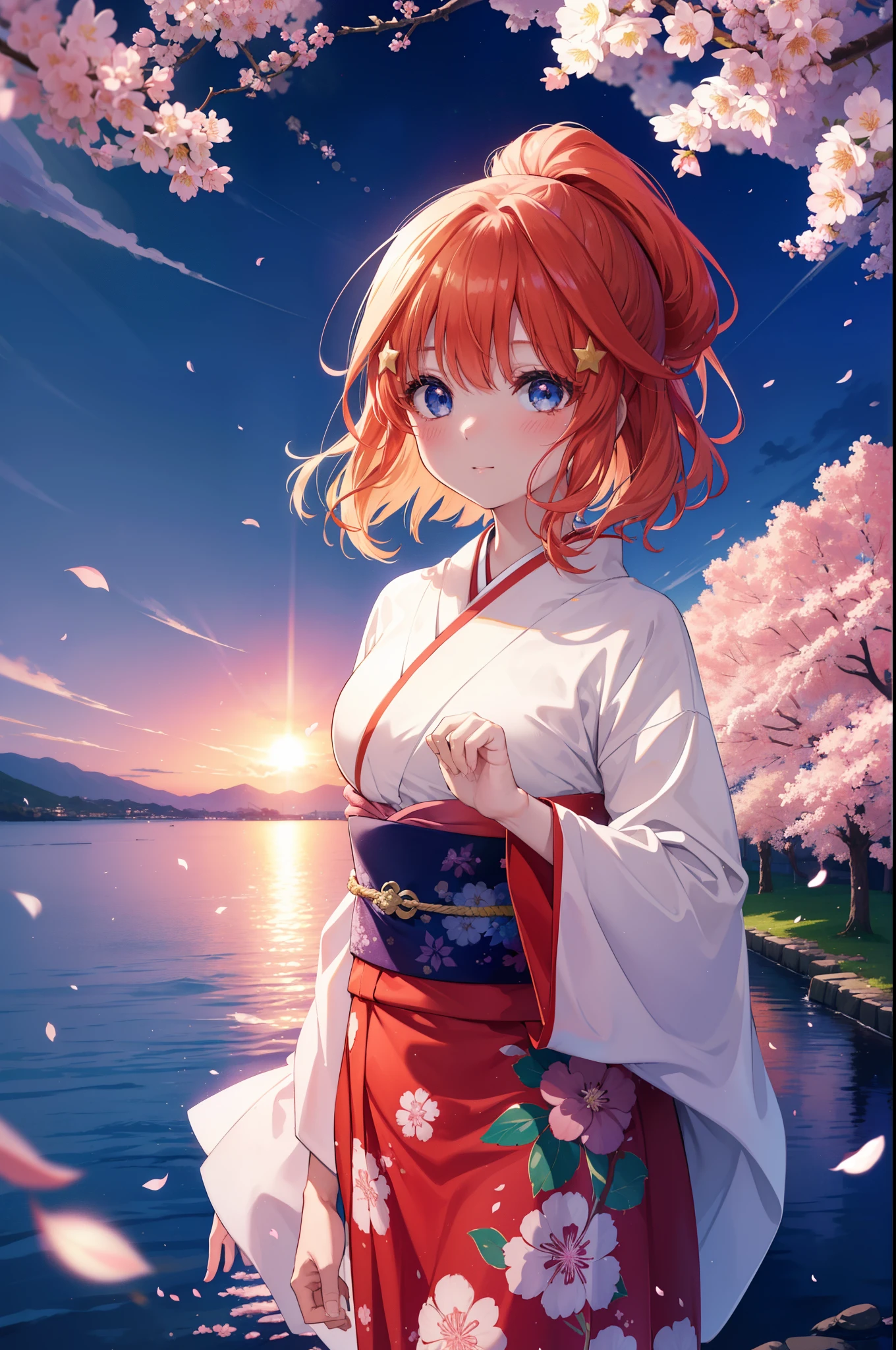itsukinakano, Itsuki Nakano, bangs, blue eyes, hair between eyes, Ahoge, redhead, star \(symbol\), hair ornaments, star hair ornaments,short braided hair,ponytail,smile,blush,Gorgeous kimono with red floral pattern,long skirt,Large sleeves,Zori sandals,Cherry blossom tree-lined path,The cherry blossoms have bloomed,Cherry blossoms are scattered,night,満点のstarの光,moonlight,Tsukimi cherry blossoms,spring,walk, anime girl with bag of food and bread,
break outdoors, residential street,Cherry blossom tree-lined path, break looking at viewer ,Upper body,whole body,(cowboy shot:1. 5),
break (masterpiece:1.2), highest quality, High resolution, unity 8k wallpaper, (figure:0.8), (detailed and beautiful eyes:1.6), highly detailed face, perfect lighting, Very detailed CG, (perfect hands, perfect anatomy),