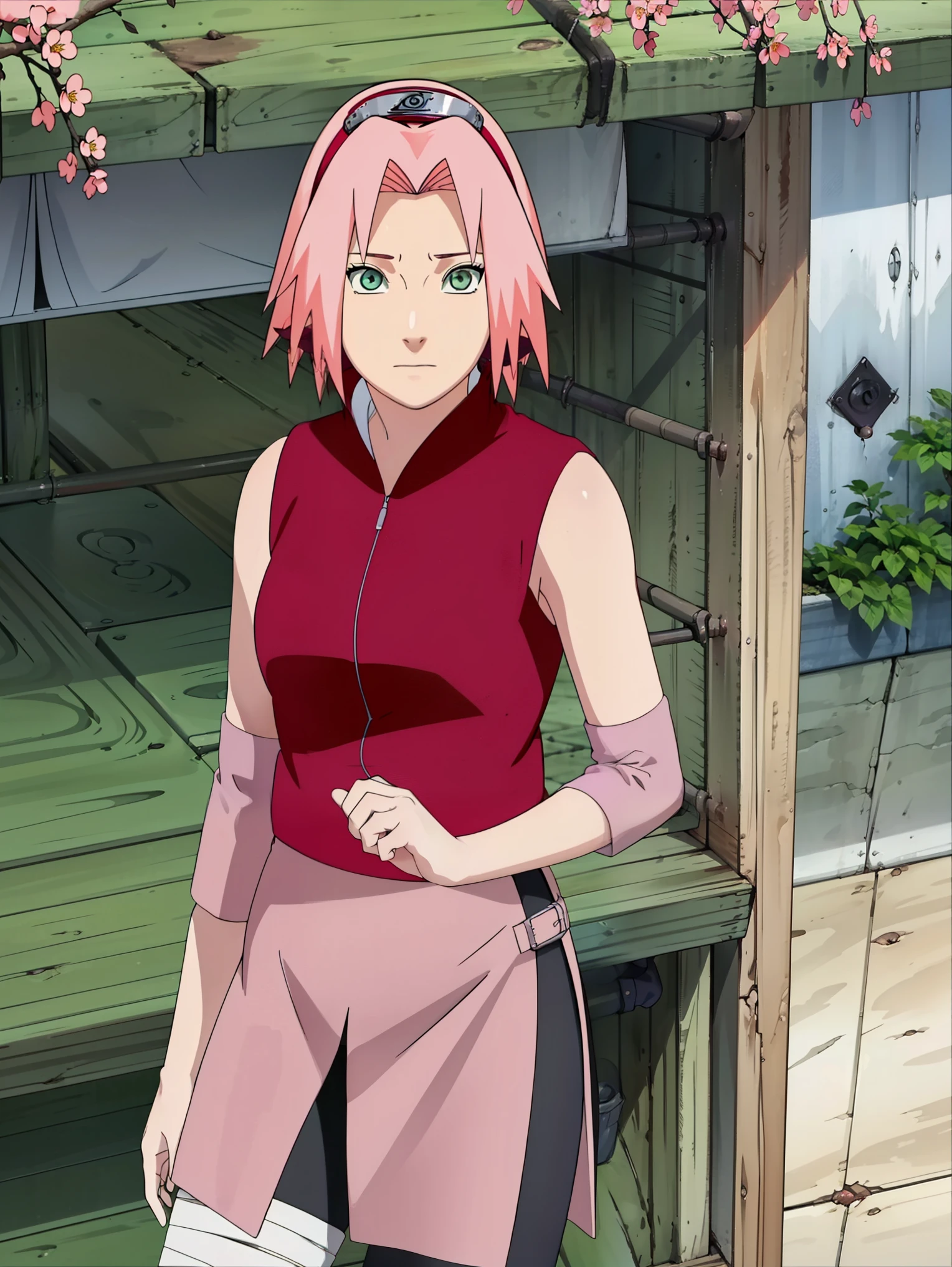 High-quality, ultra-detailed, realistic artwork of a scene from "Sakura Shippuden" with vivid colors, perfect for 4K or 8K resolutions. The scene depicts Sakura Haruno, a young woman, standing gracefully in a garden surrounded by blooming sakura (cherry blossom) trees. She is wearing a red jacket embroidered with the symbol of Konohagakure, the Hidden Leaf Village. Her leg is bandaged, indicating a recent injury. Sakura is wearing a short skirt and toeless footwear, emphasizing her femininity and agility. Sakura has shoulder-length bangs that softly frame her face, revealing her beautiful, green eyes. Her face is adorned with a forehead protector, which bears the Konohagakure symbol, signifying her allegiance to her village. The artwork showcases Sakura's attention to detail, including her long eyelashes, detailed lips, and delicate features, capturing her determination and inner strength. The lighting in the scene is soft and warm, casting a gentle glow on the petals of the sakura blossoms. The vibrant colors of the cherry blossoms contrast against Sakura's black short sleeves and gloves, adding depth to the composition. The overall color scheme leans towards pastel tones, enhancing the serene and tranquil atmosphere of the garden. This masterpiece artwork aims to capture the essence of Sakura Haruno's character, portraying her as a confident, skilled kunoichi amidst the delicate beauty of the sakura garden. The attention to detail, vibrant colors, and realistic rendering will bring this scene to life, evoking the spirit of "Sakura Shippuden" in a visually stunning manner. 