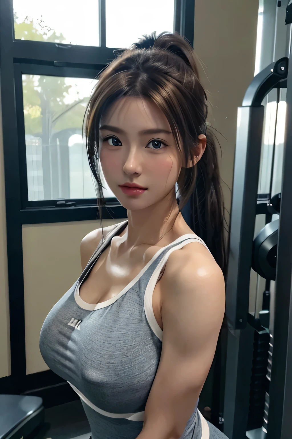 (1 girl:1.4)、(wearing training clothes、fitness gym:1.2)、(Photoreal:1.4)、(hyper realistic:1.4)、(realistic:1.3)、(smooth lighting:1.05)、(映画の照明Improvement of quality:0.9)、32K、20 year old girl、healthy beauty、(whole body:1.2)、realistic lighting、Backlight、facial light、ray tracing、(Natural light:1.2)、(Improvement of quality:1.4)、(Highest quality realistic textured skin:1.4)、detailed face、fine eyes、(tired, sleepy and satisfied:0.0)、 big breasts、(Enhances the mood of your body line:1.1)、(Enhances the beauty of skin texture:1.1)、brown hair、Medium hair with a uniform shape on the left and right、ponytail